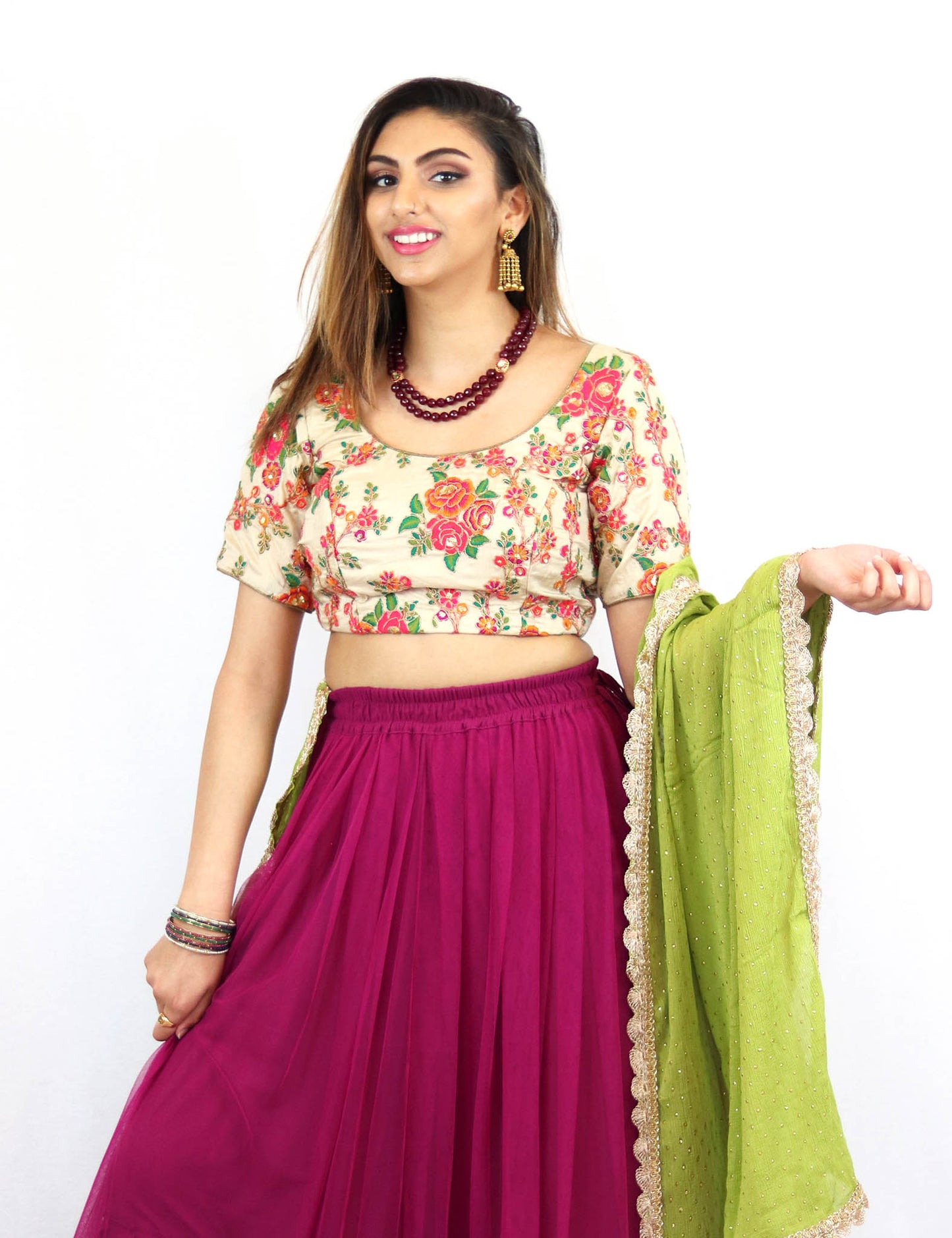 Rent Pink Lehenga With Embroidered Blouse & Green Dupatta