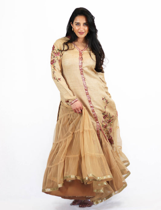 Rent Golden Sherwani with Net Lehenga
