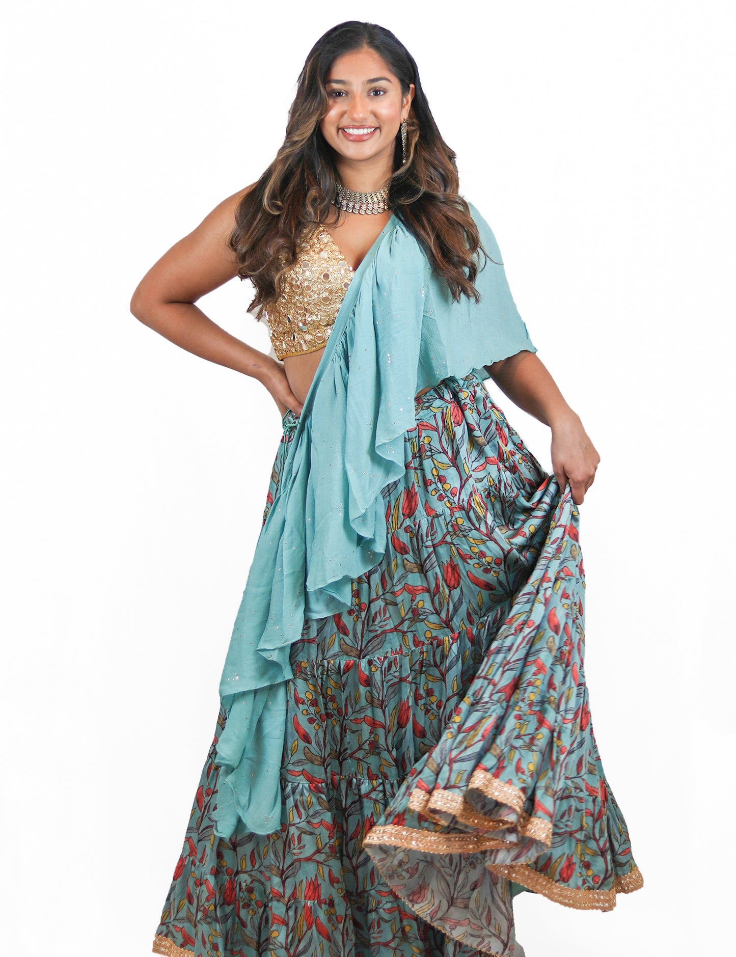 Rent Blue Floral Lehenga & Sequin Blouse with Ruffled Dupatta