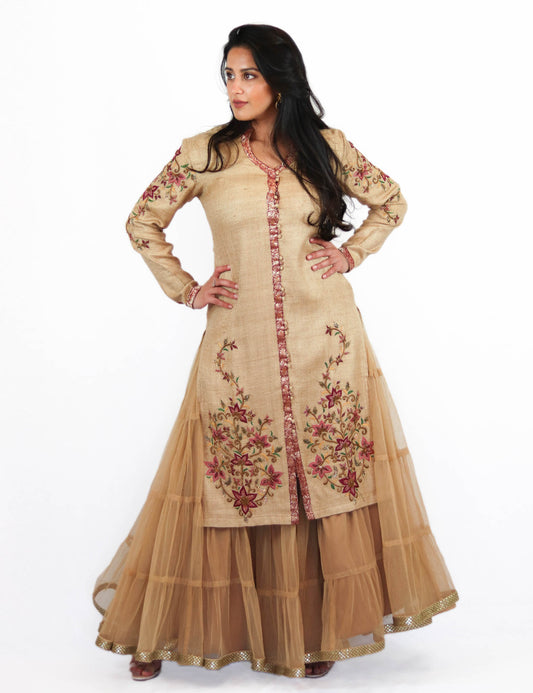 Rent Golden Sherwani with Net Lehenga