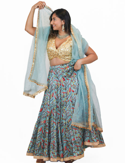 Rent Blue Floral Lehenga & Sequin Blouse with Tulle Dupatta