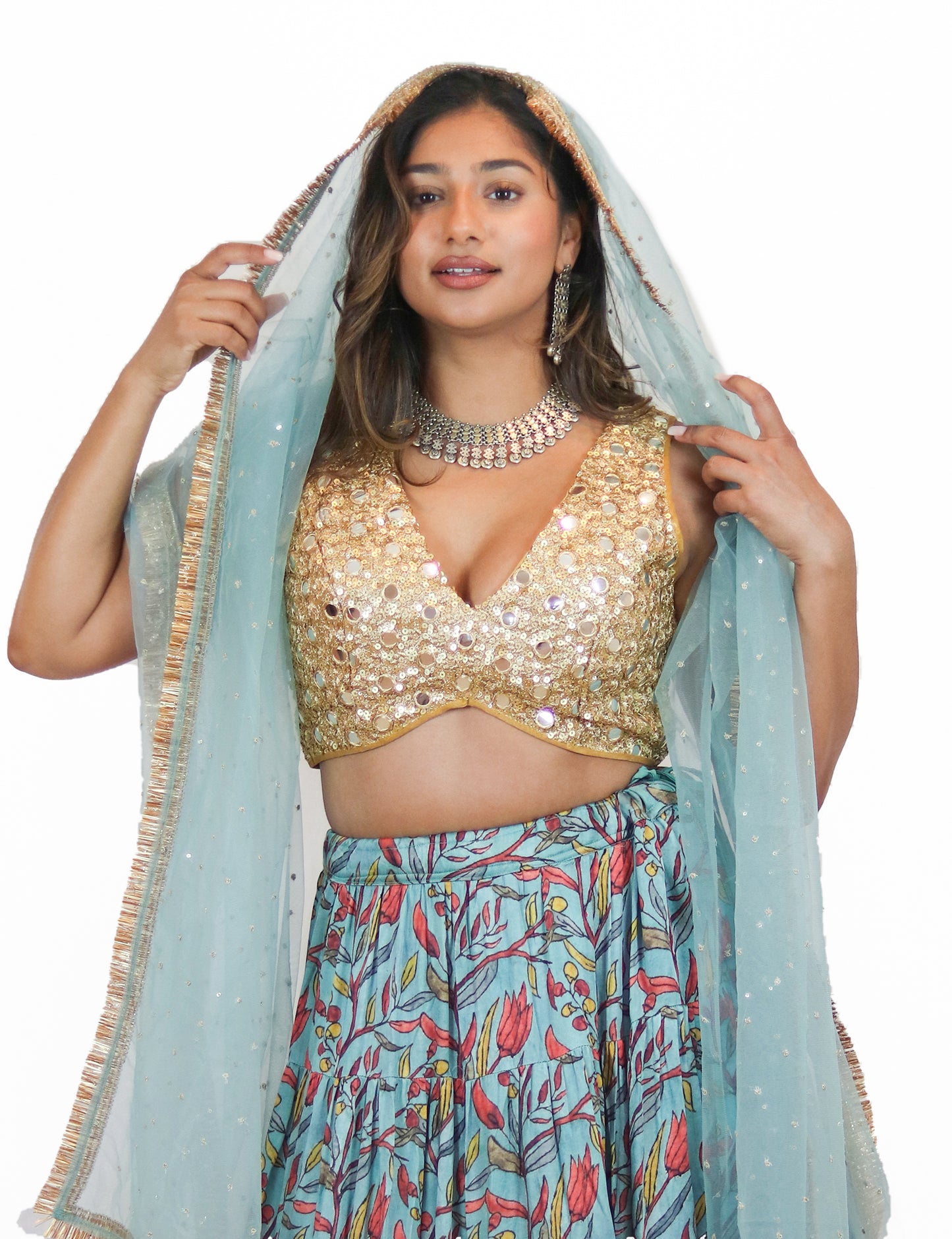 Rent Blue Floral Lehenga & Sequin Blouse with Tulle Dupatta