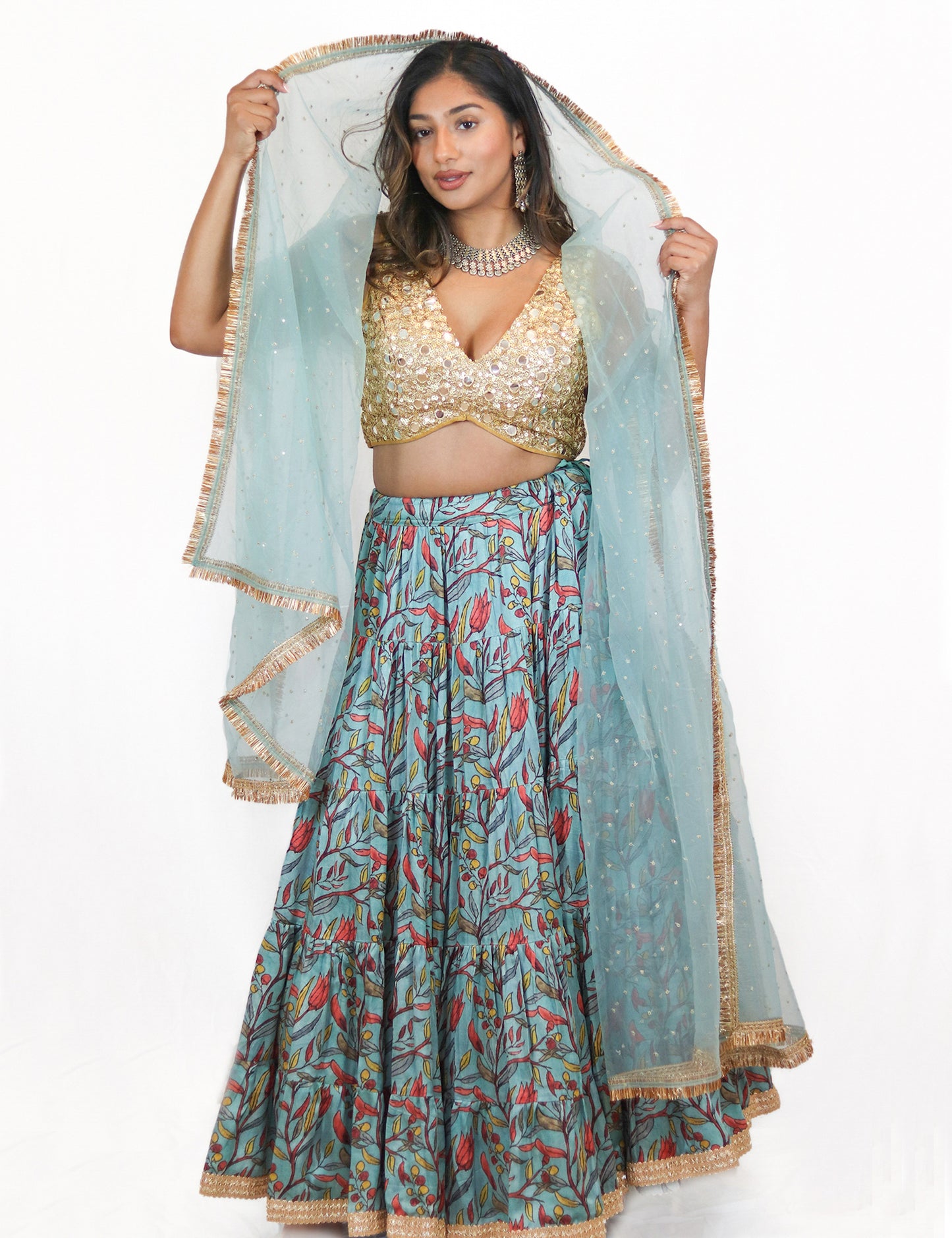 Rent Blue Floral Lehenga & Sequin Blouse with Tulle Dupatta