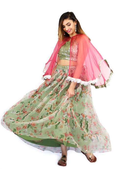 Rent Green Floral Lehenga & Blouse With Pink Cape