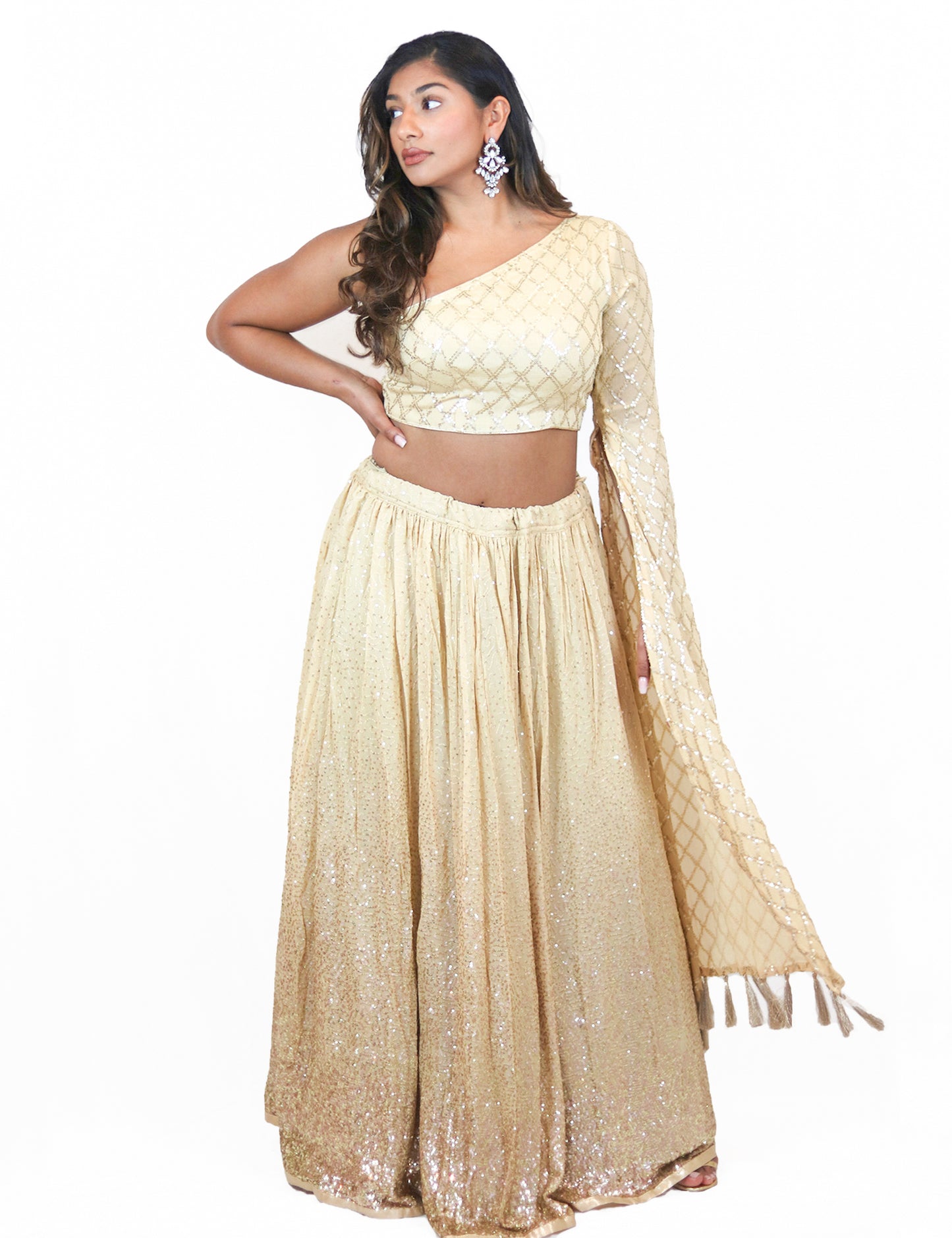 Rent Ivory Sequin Embellished  Lehenga With One-Shoulder Blouse