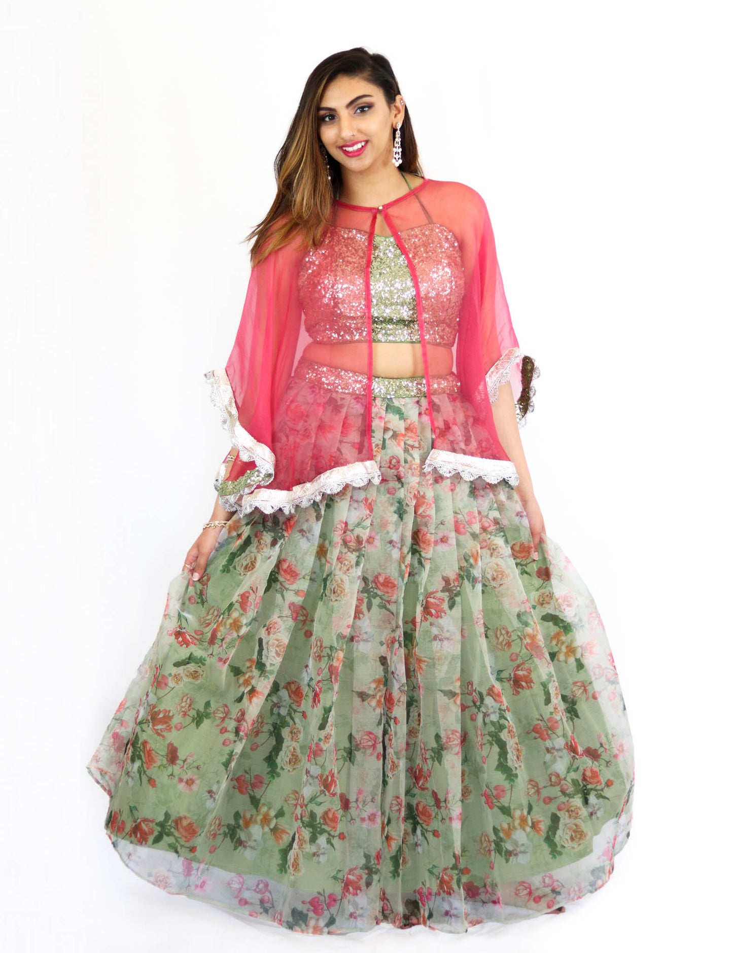 Rent Green Floral Lehenga & Blouse With Pink Cape