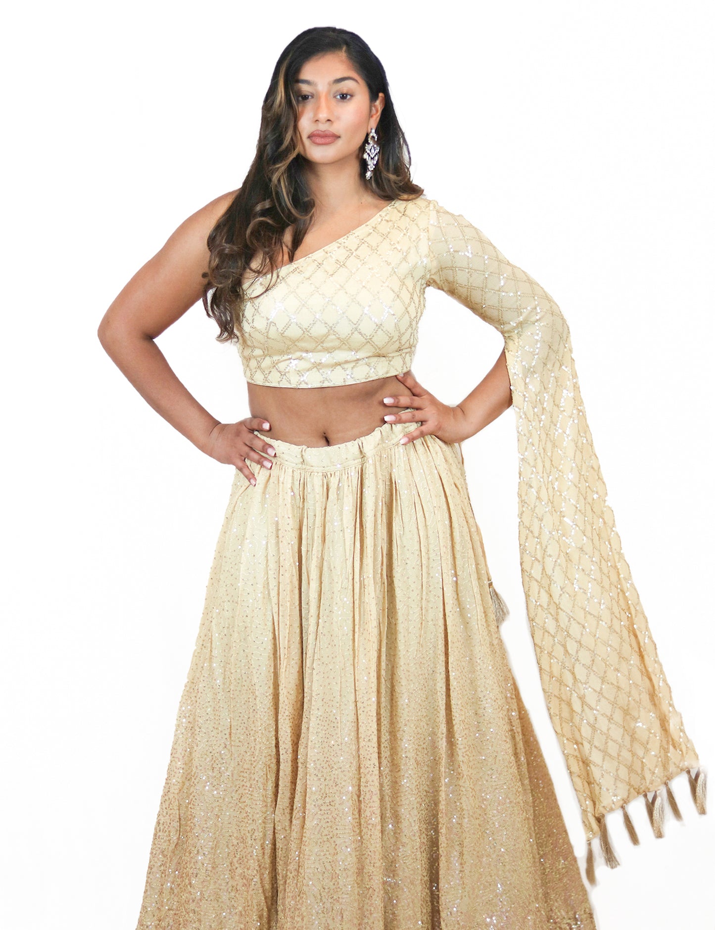 Rent Ivory Sequin Embellished  Lehenga With One-Shoulder Blouse