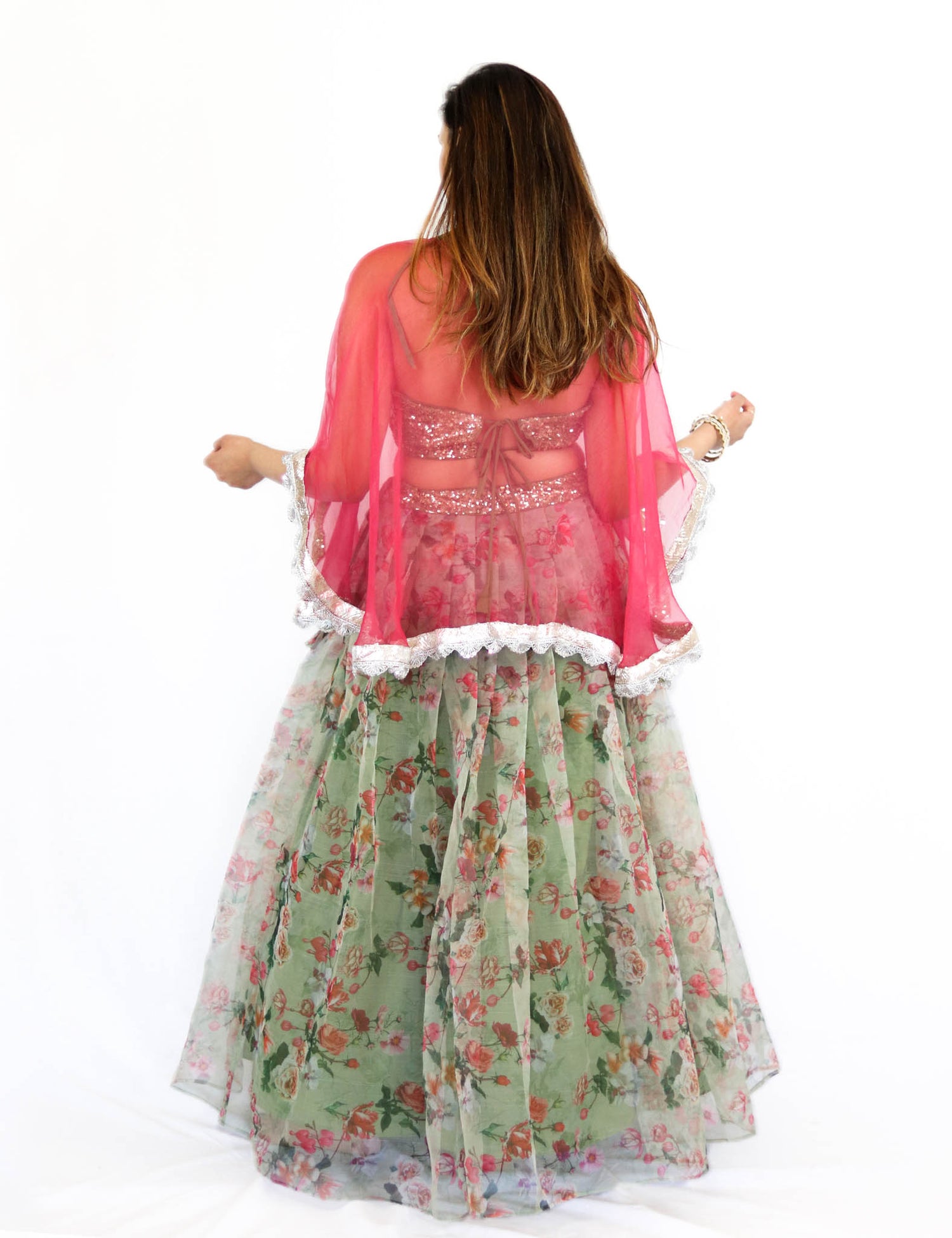 Rent Green Floral Lehenga & Blouse With Pink Cape