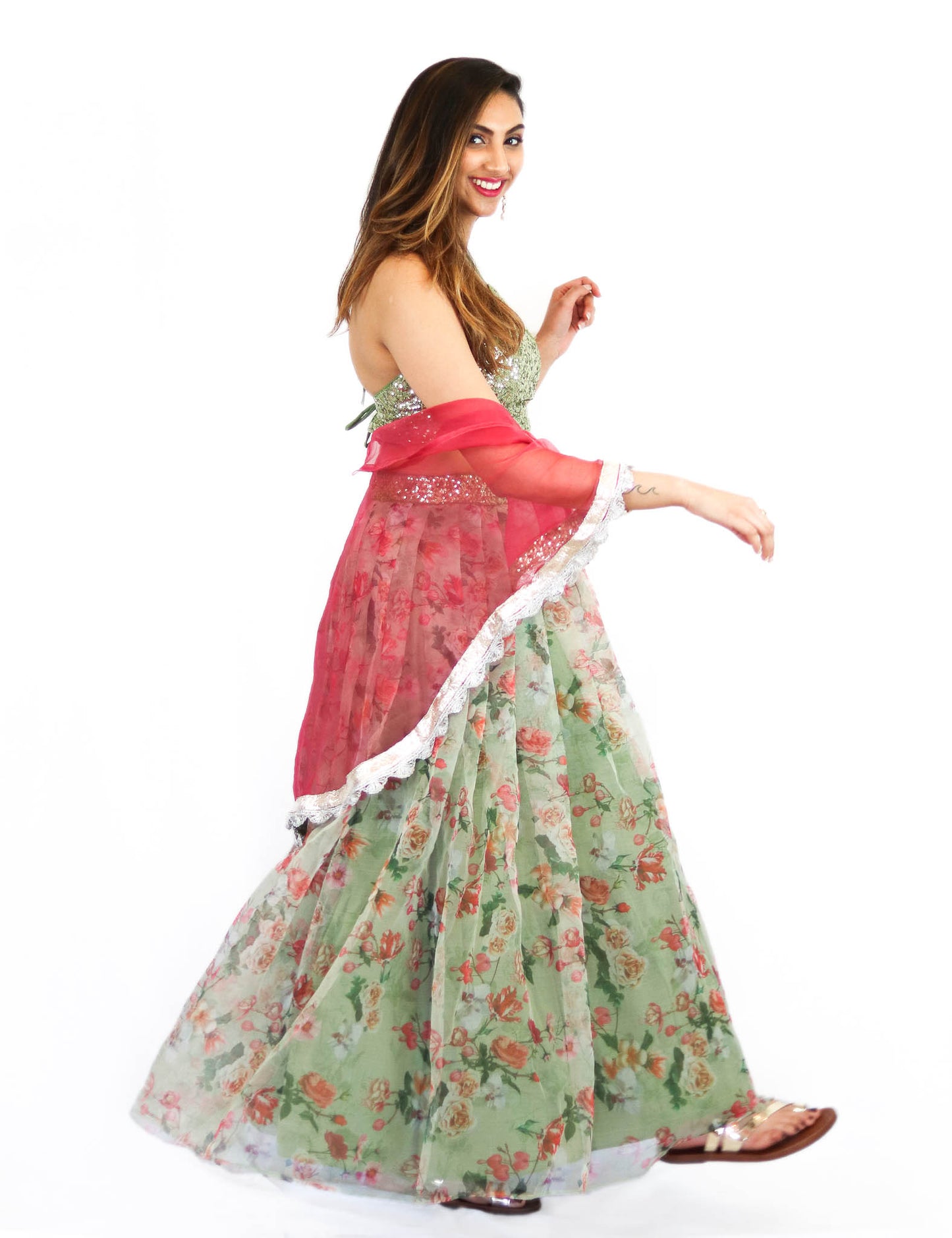 Rent Green Floral Lehenga & Blouse With Pink Cape