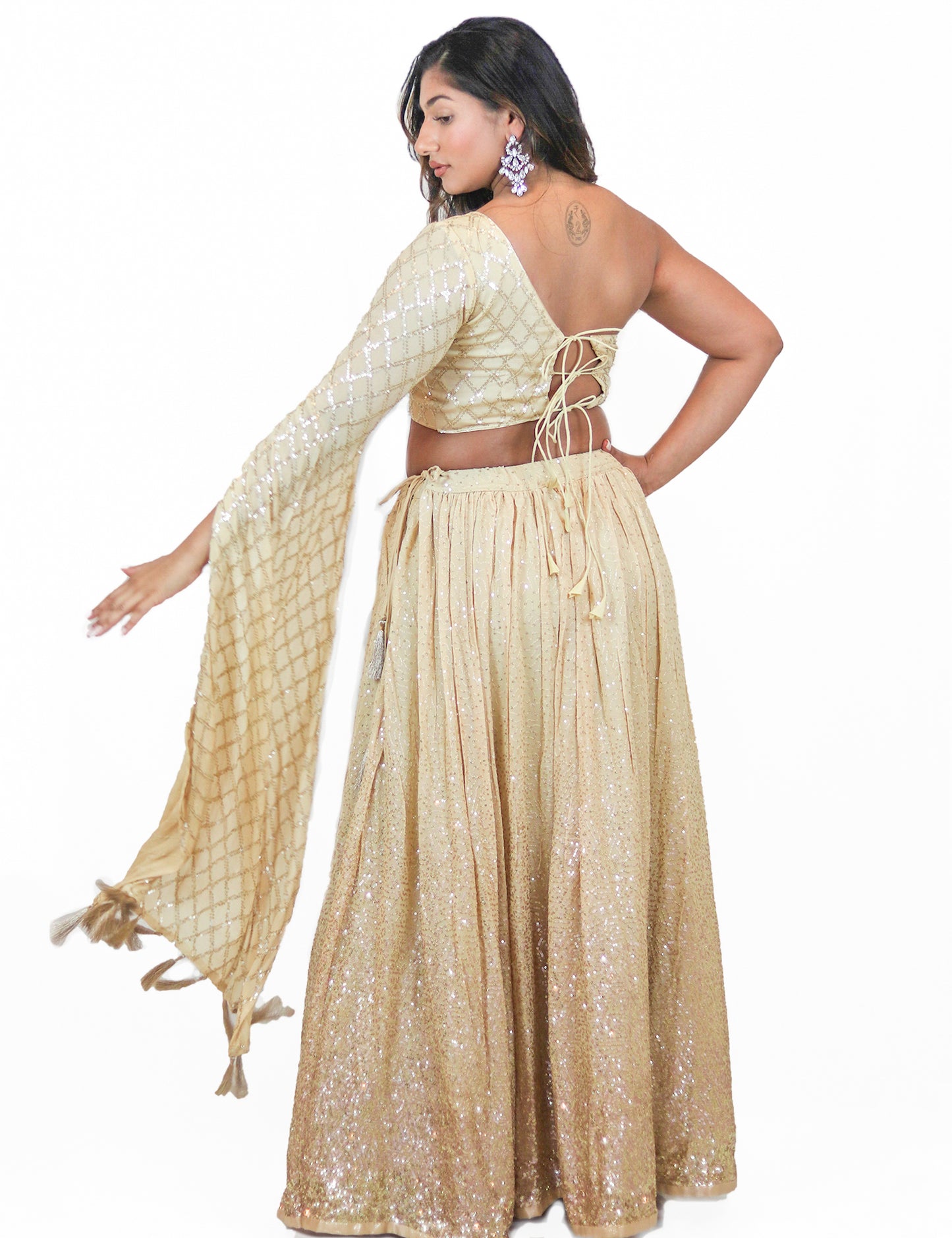 Rent Ivory Sequin Embellished  Lehenga With One-Shoulder Blouse