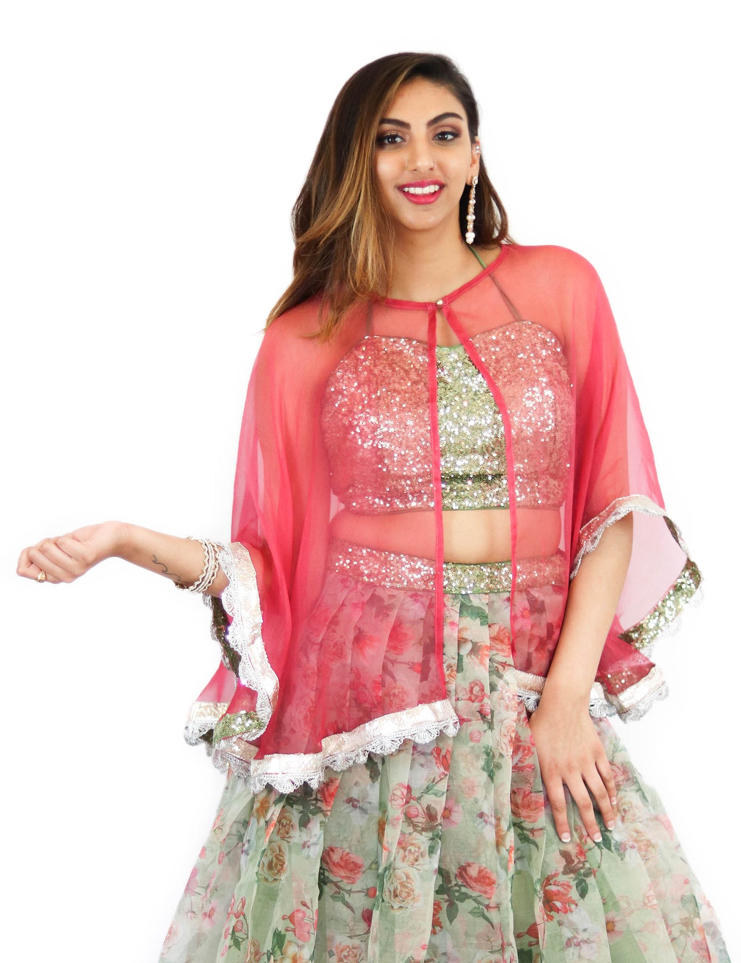 Rent Green Floral Lehenga & Blouse With Pink Cape