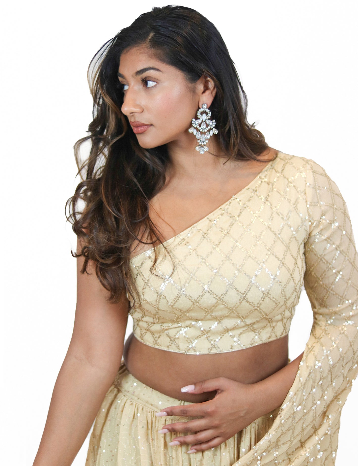 Rent Ivory Sequin Embellished  Lehenga With One-Shoulder Blouse