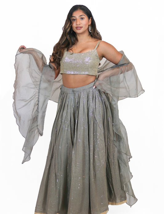 Rent Gray Sequined Lehenga with Sequin Blouse & Ruffled Organza Dupatta