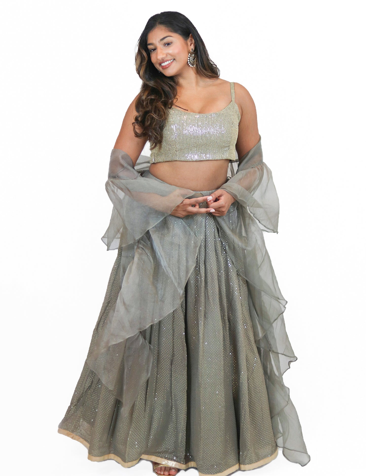 Rent Gray Sequined Lehenga with Sequin Blouse & Ruffled Organza Dupatta