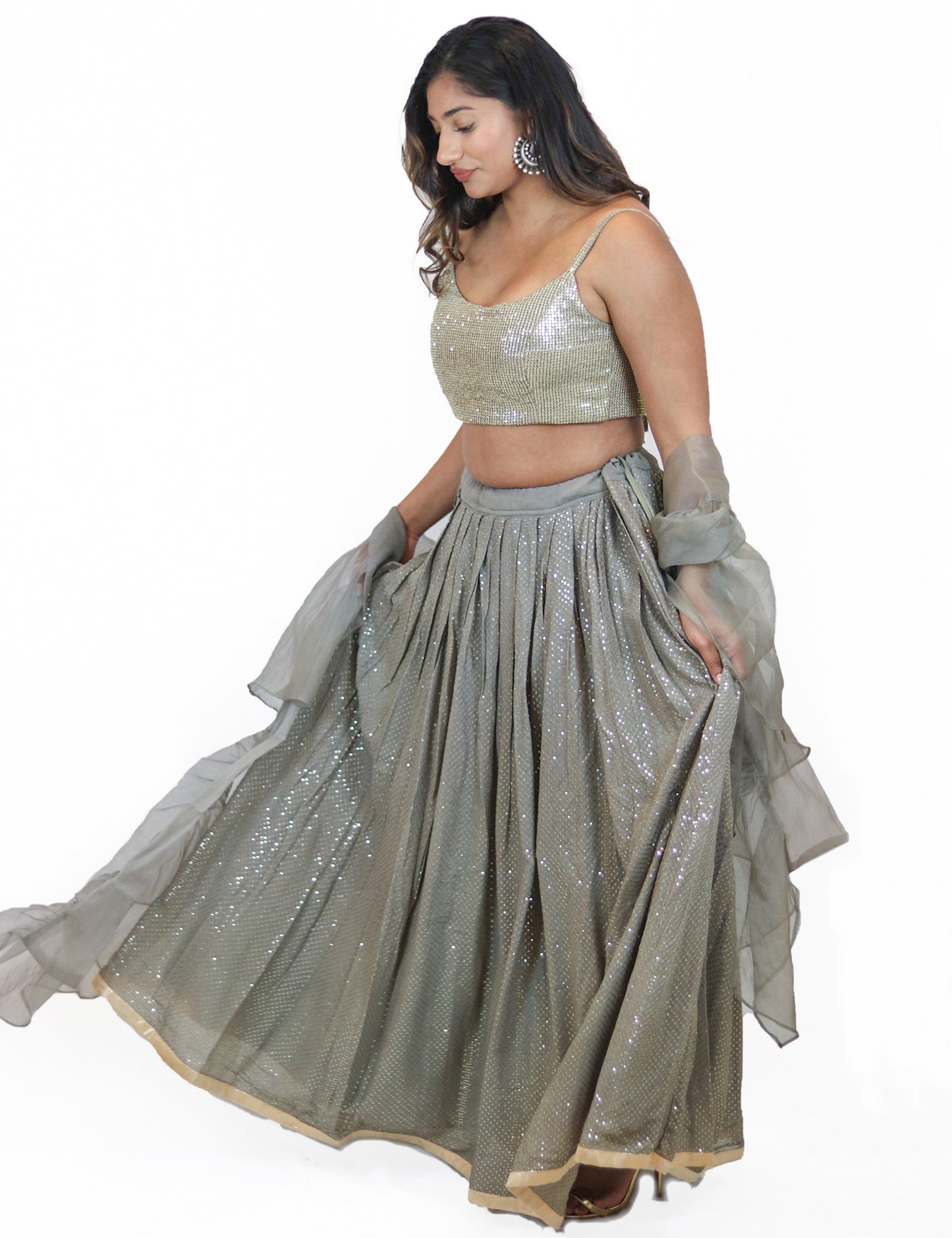 Rent Gray Sequined Lehenga with Sequin Blouse & Ruffled Organza Dupatta