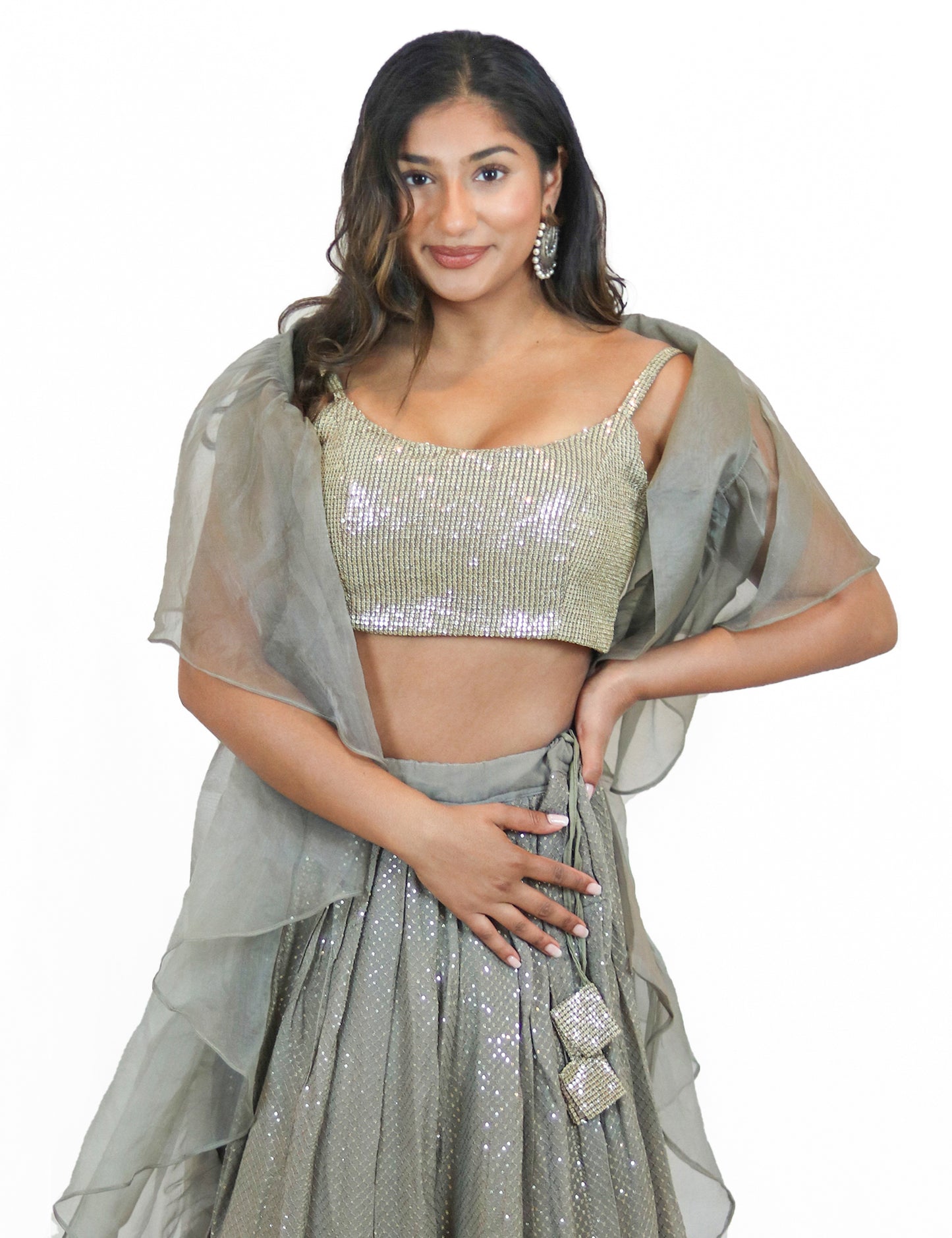 Rent Gray Sequined Lehenga with Sequin Blouse & Ruffled Organza Dupatta