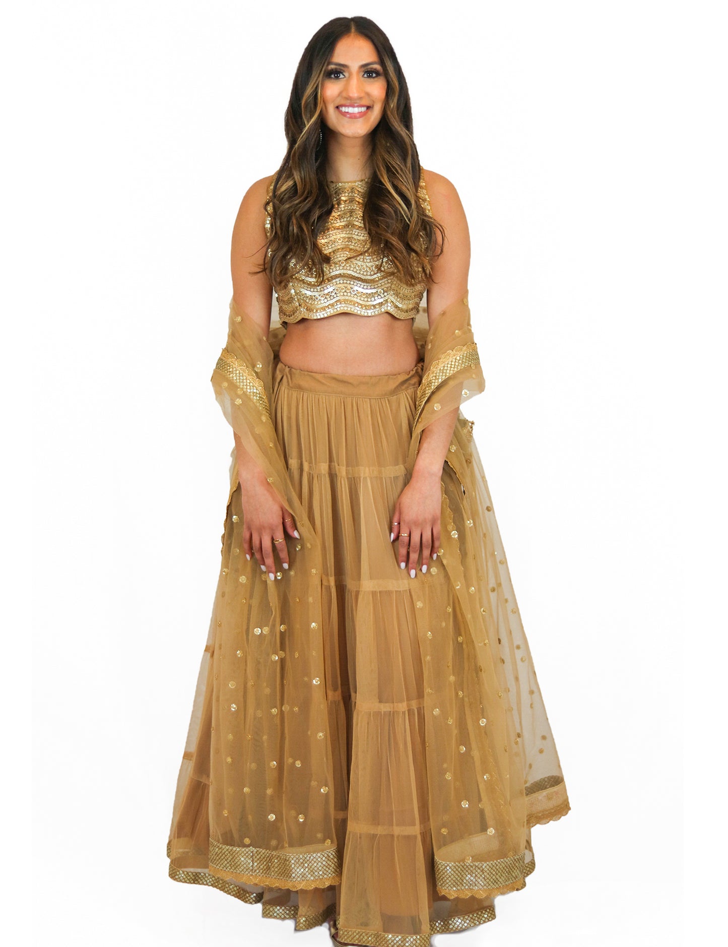 Rent Golden Tulle Lehenga with Sequin Blouse & Tulle Dupatta