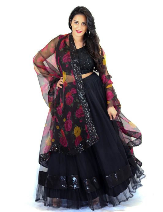 Rent Black Lehenga & Embroidered Blouse With Floral Dupatta