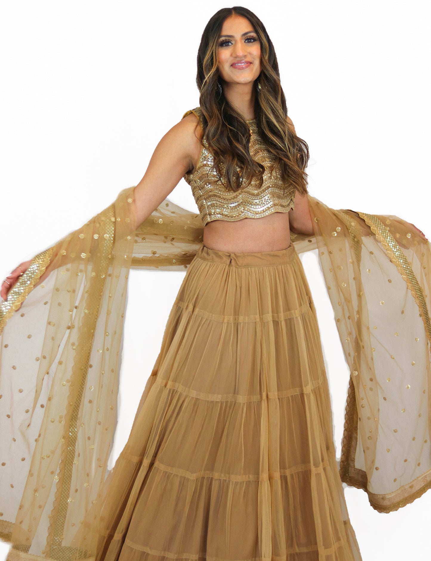 Rent Golden Tulle Lehenga with Sequin Blouse & Tulle Dupatta