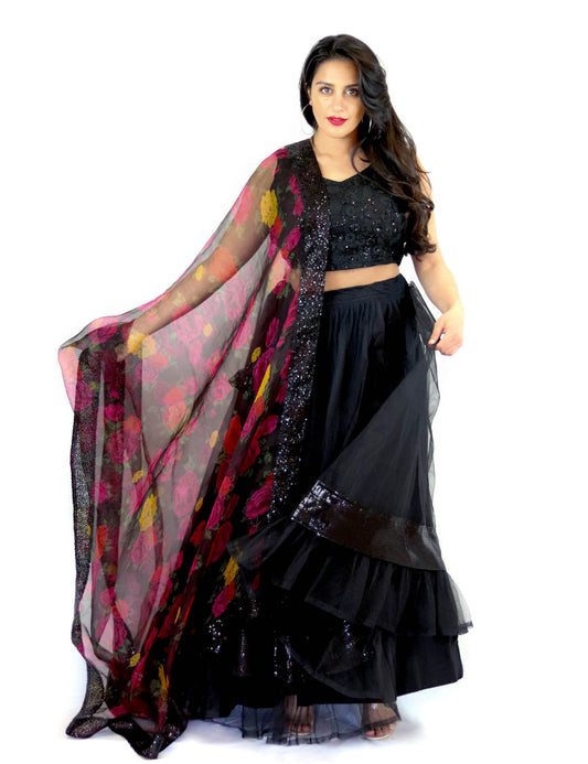 Rent Black Lehenga & Embroidered Blouse With Floral Dupatta