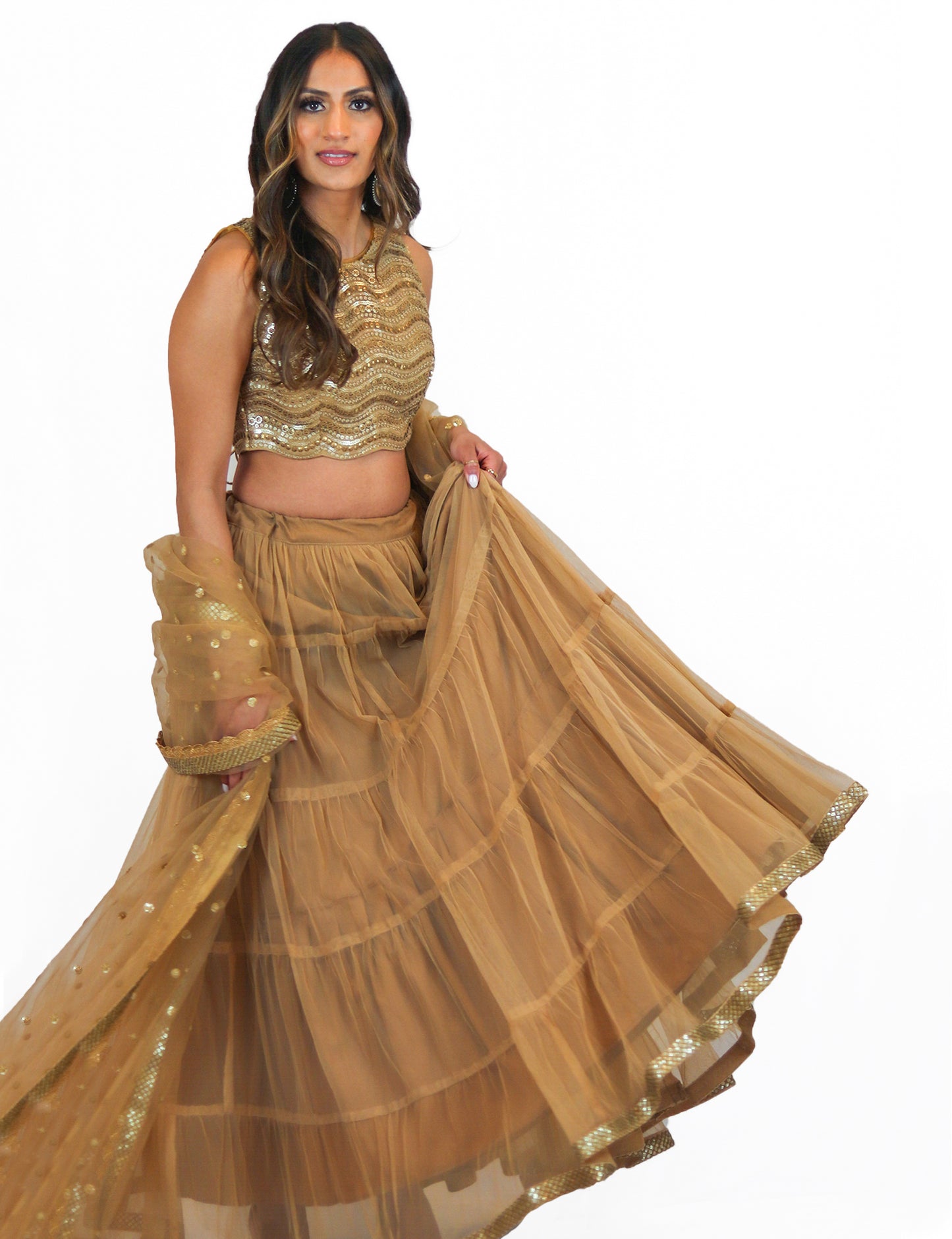 Rent Golden Tulle Lehenga with Sequin Blouse & Tulle Dupatta