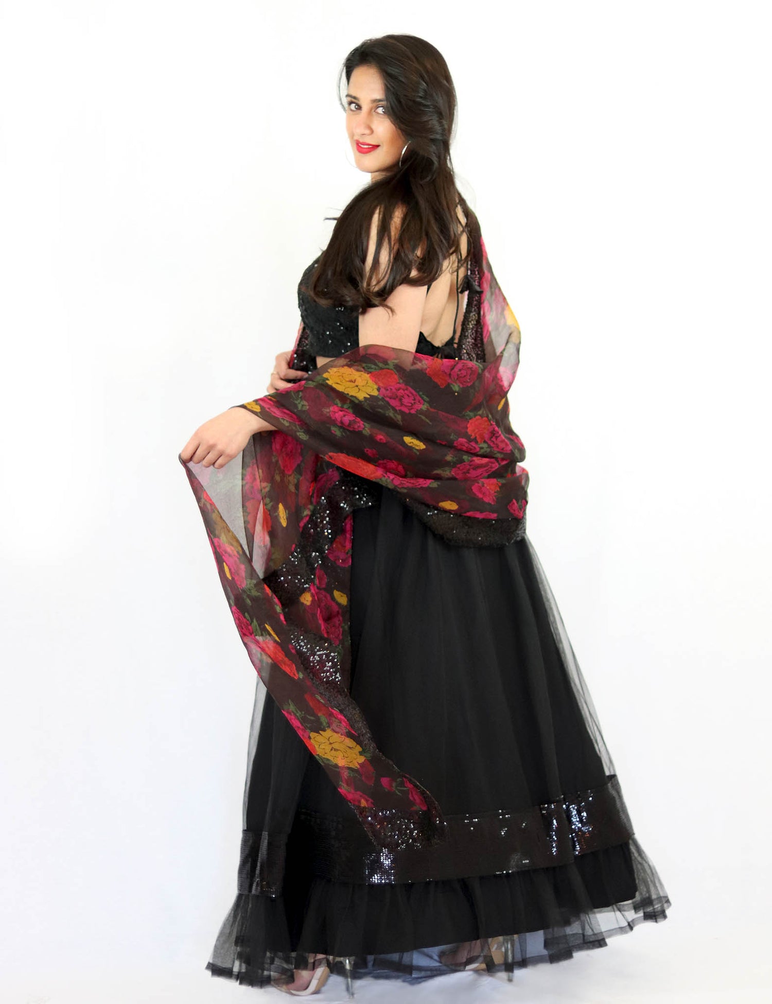 Rent Black Lehenga & Embroidered Blouse With Floral Dupatta