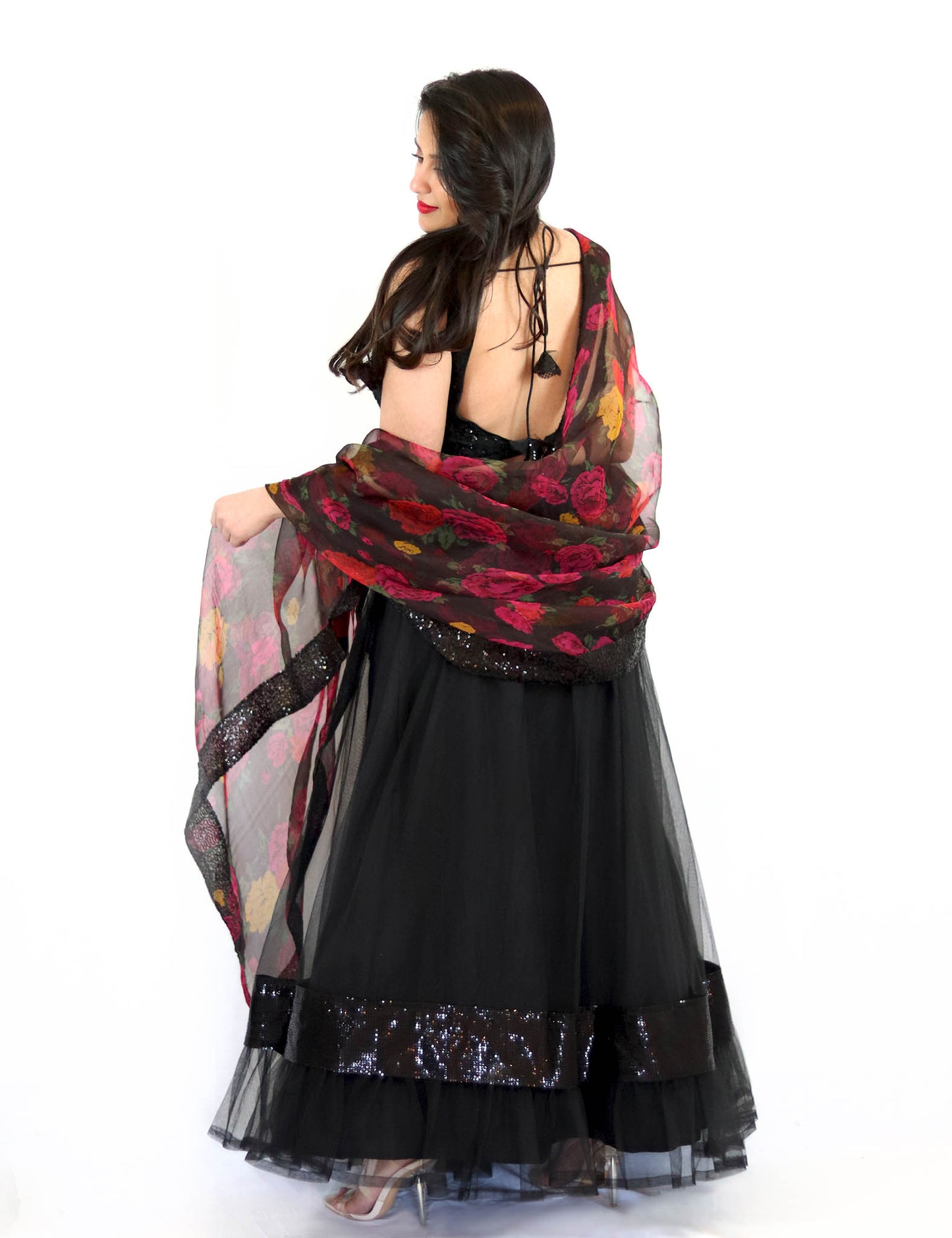 Rent Black Lehenga & Embroidered Blouse With Floral Dupatta