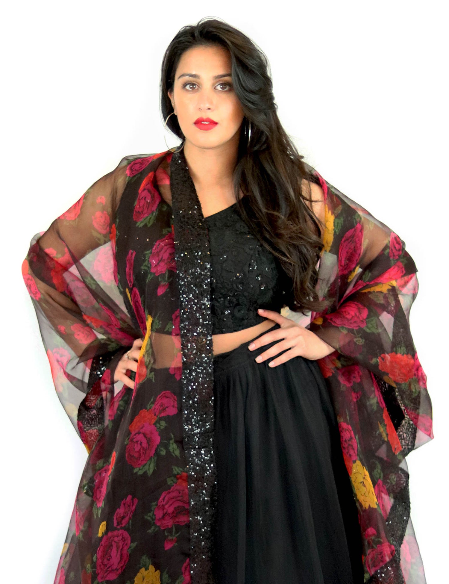 Rent Black Lehenga & Embroidered Blouse With Floral Dupatta