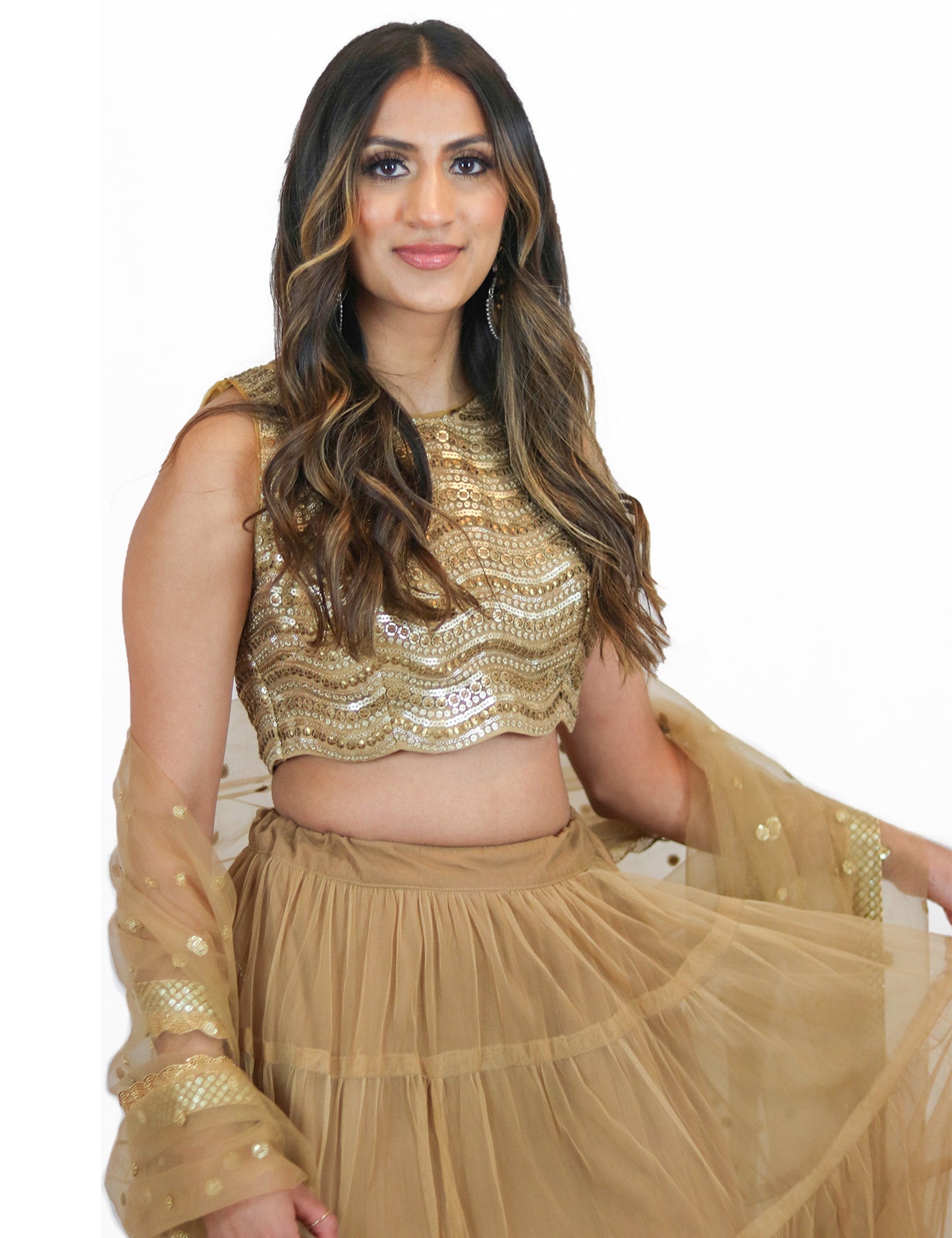 Rent Golden Tulle Lehenga with Sequin Blouse & Tulle Dupatta