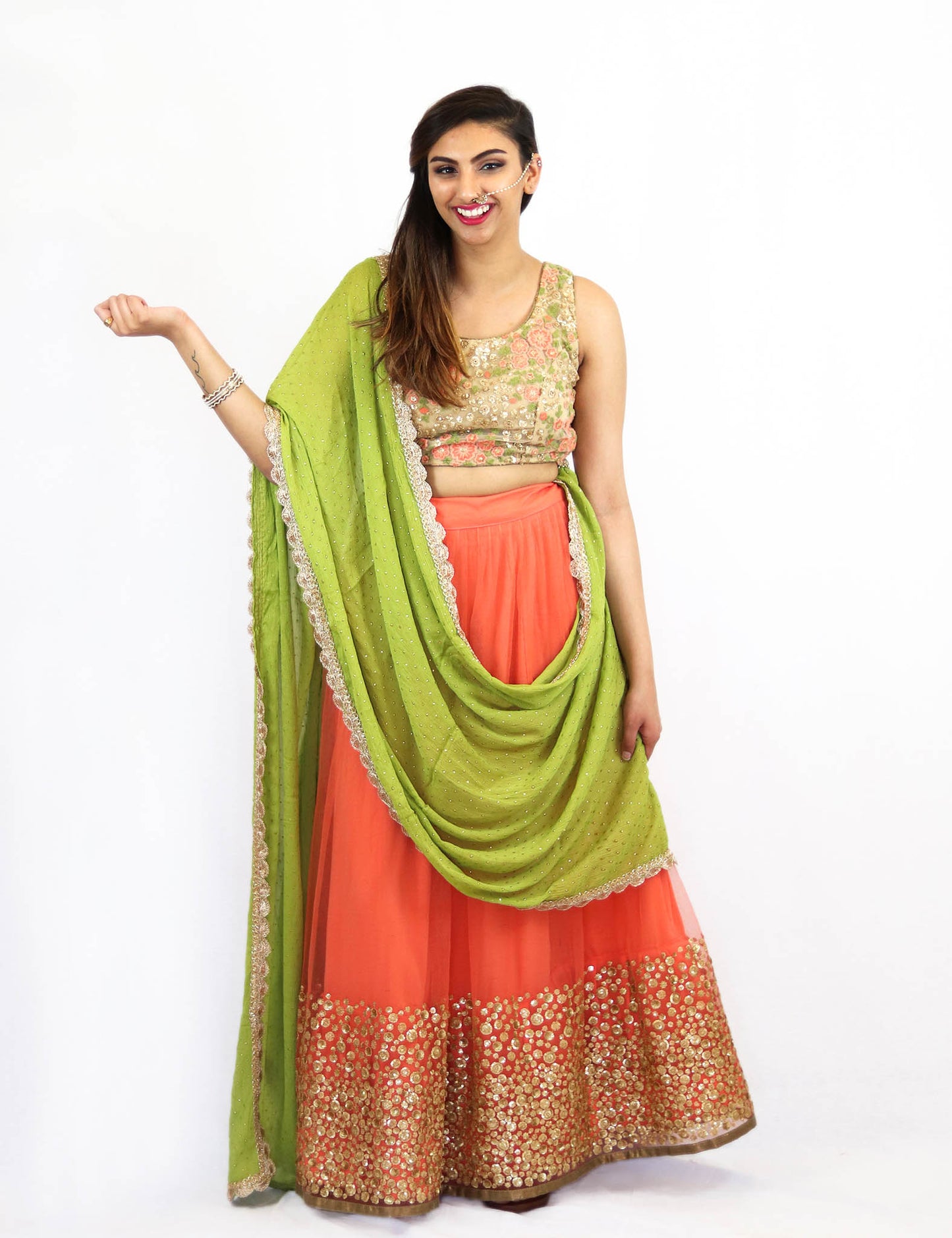 Rent Embroidered Blouse With Peach Lehenga & Green Dupatta