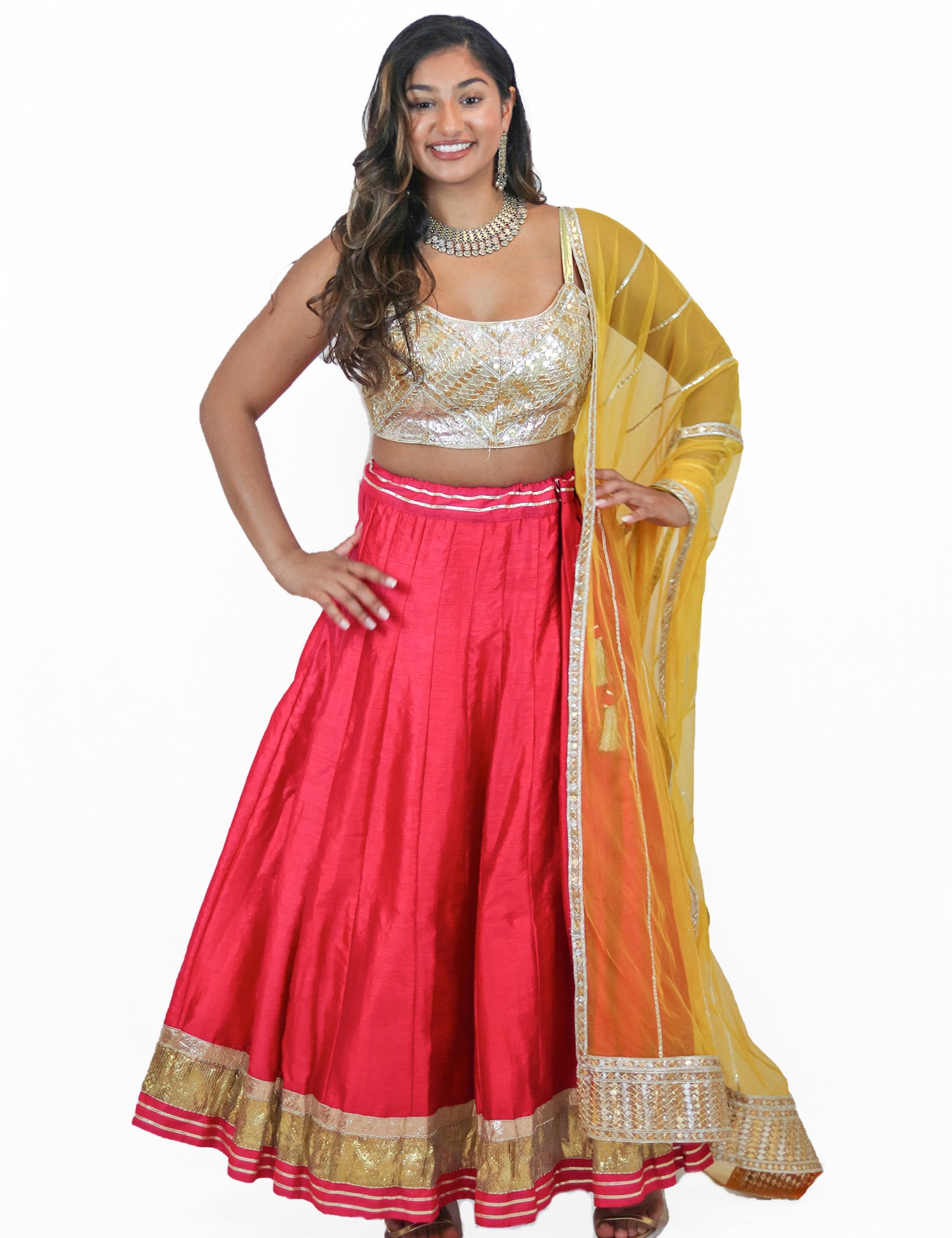 Rent Pink Lehenga with Mix Tone Gota Embroidered Blouse & Yellow Dupatta