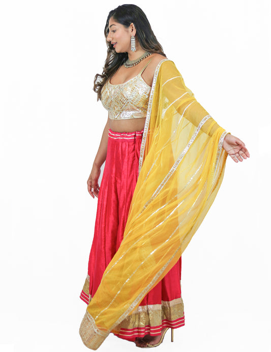 Rent Pink Lehenga with Mix Tone Gota Embroidered Blouse & Yellow Dupatta