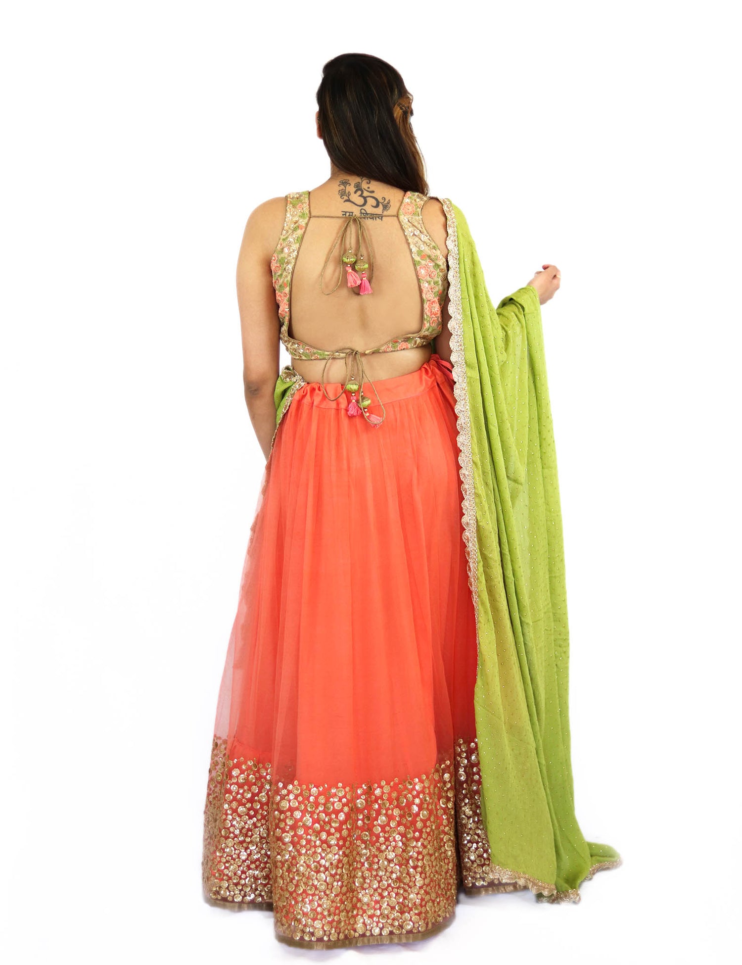 Rent Embroidered Blouse With Peach Lehenga & Green Dupatta