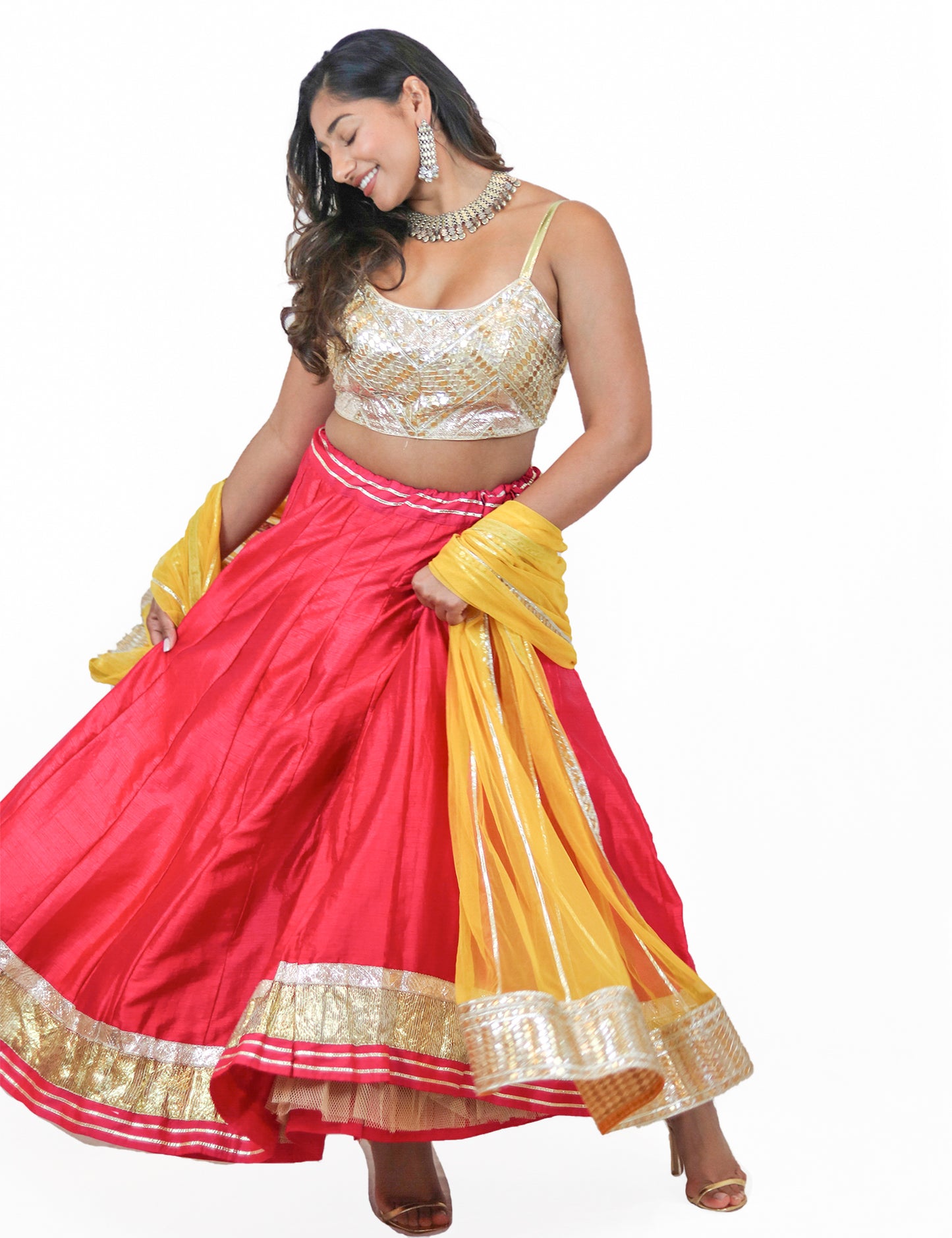 Rent Pink Lehenga with Mix Tone Gota Embroidered Blouse & Yellow Dupatta