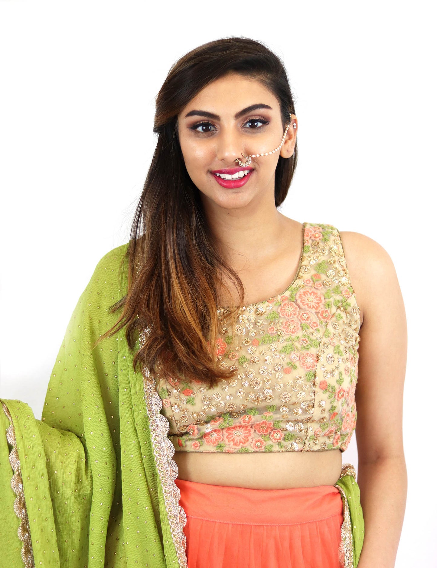 Rent Embroidered Blouse With Peach Lehenga & Green Dupatta