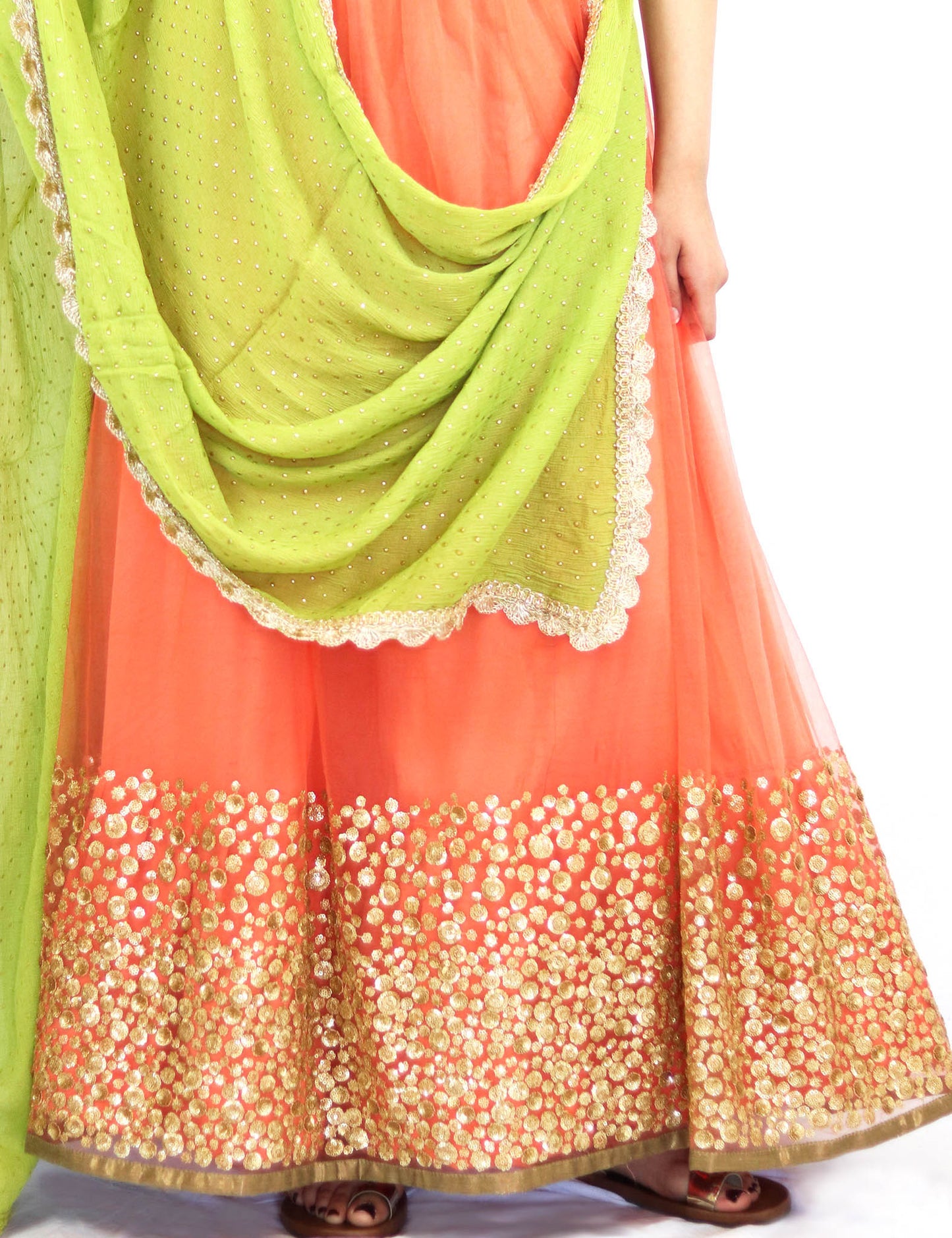 Rent Embroidered Blouse With Peach Lehenga & Green Dupatta