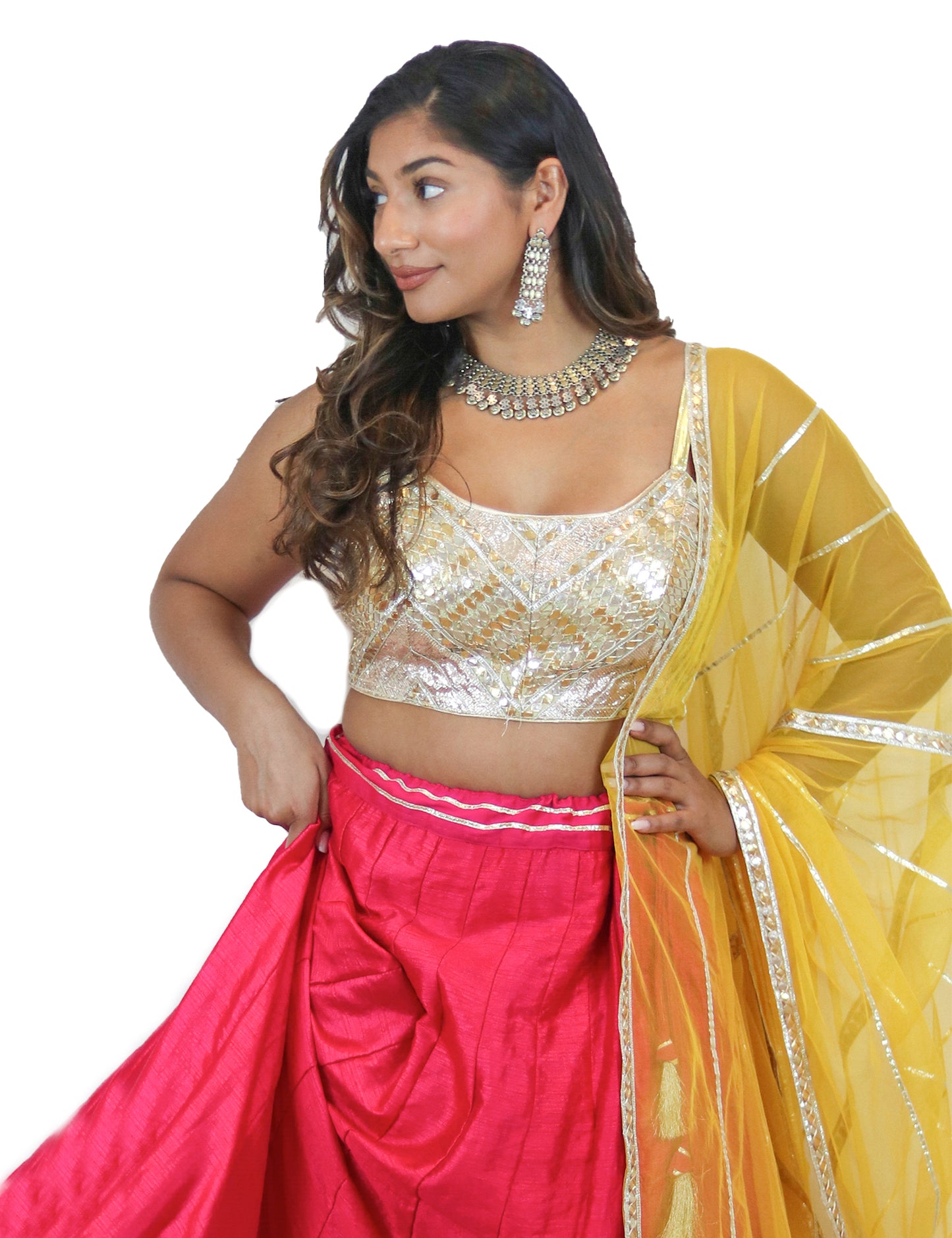 Rent Pink Lehenga with Mix Tone Gota Embroidered Blouse & Yellow Dupatta