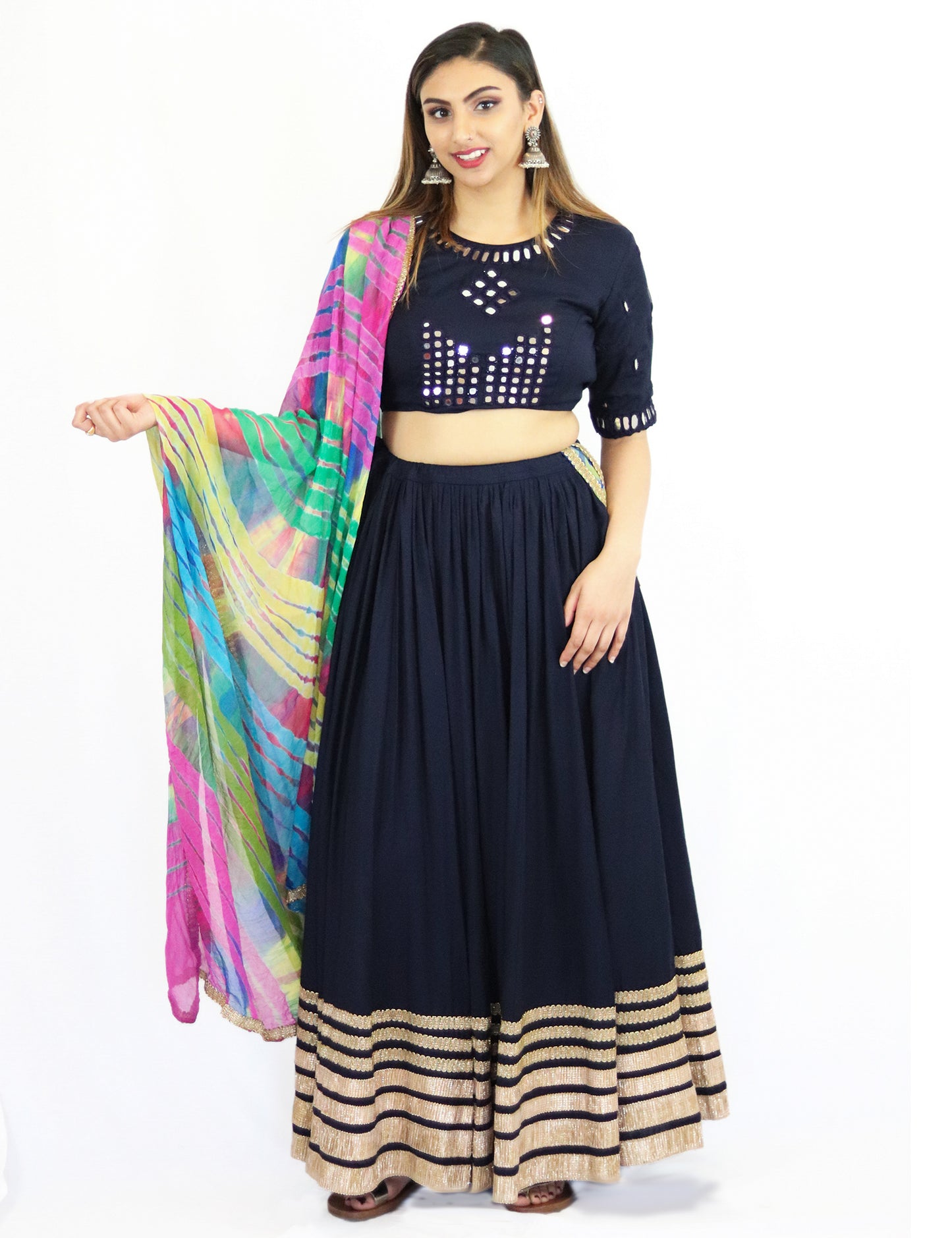 Rent Navy Blue Lehenga Skirt & Blouse with Colorful Dupatta