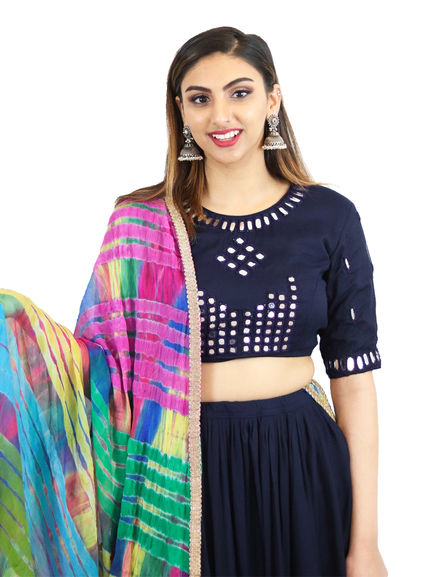 Rent Navy Blue Lehenga Skirt & Blouse with Colorful Dupatta