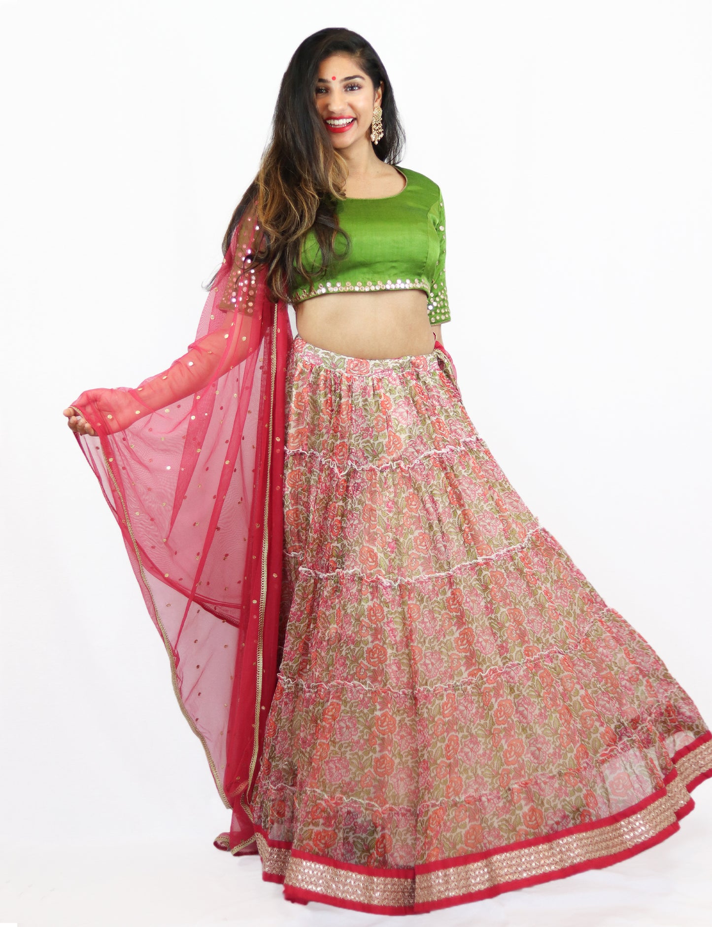 Rent Floral Lehenga with Green Blouse & Punch Pink Dupatta