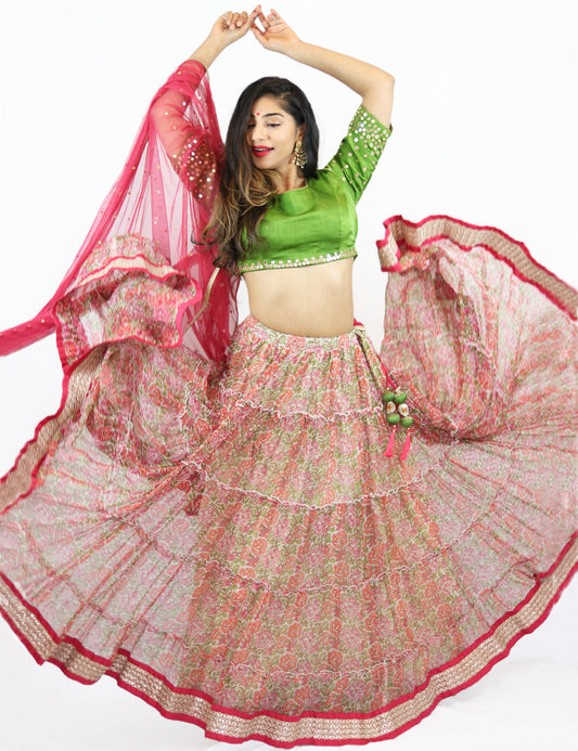 Rent Floral Lehenga with Green Blouse & Punch Pink Dupatta