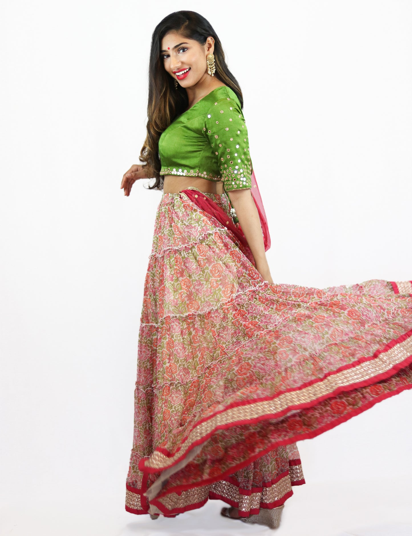 Rent Floral Lehenga with Green Blouse & Punch Pink Dupatta