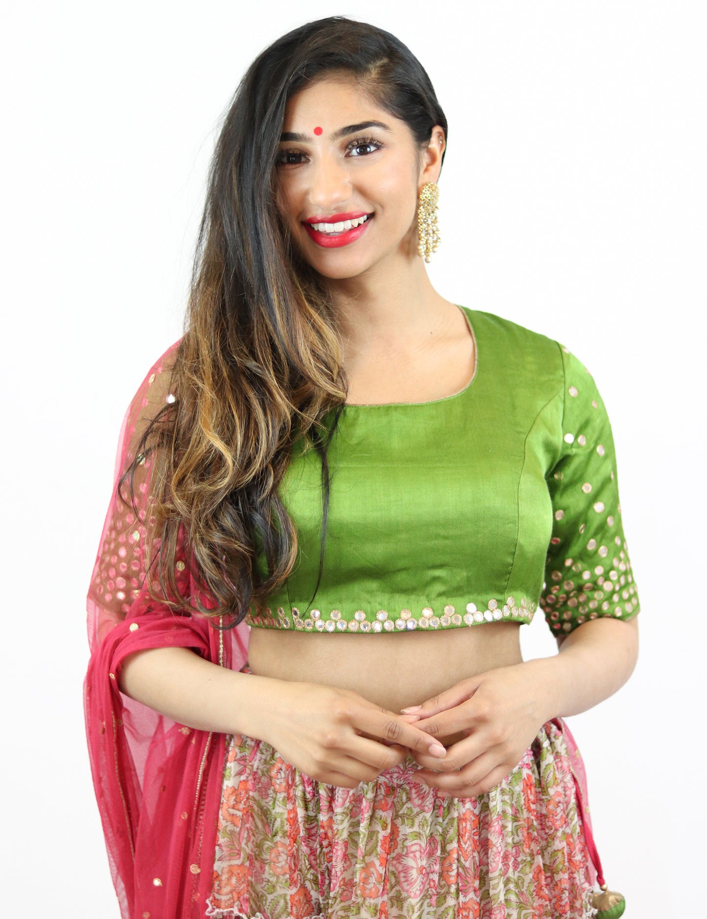 Rent Floral Lehenga with Green Blouse & Punch Pink Dupatta