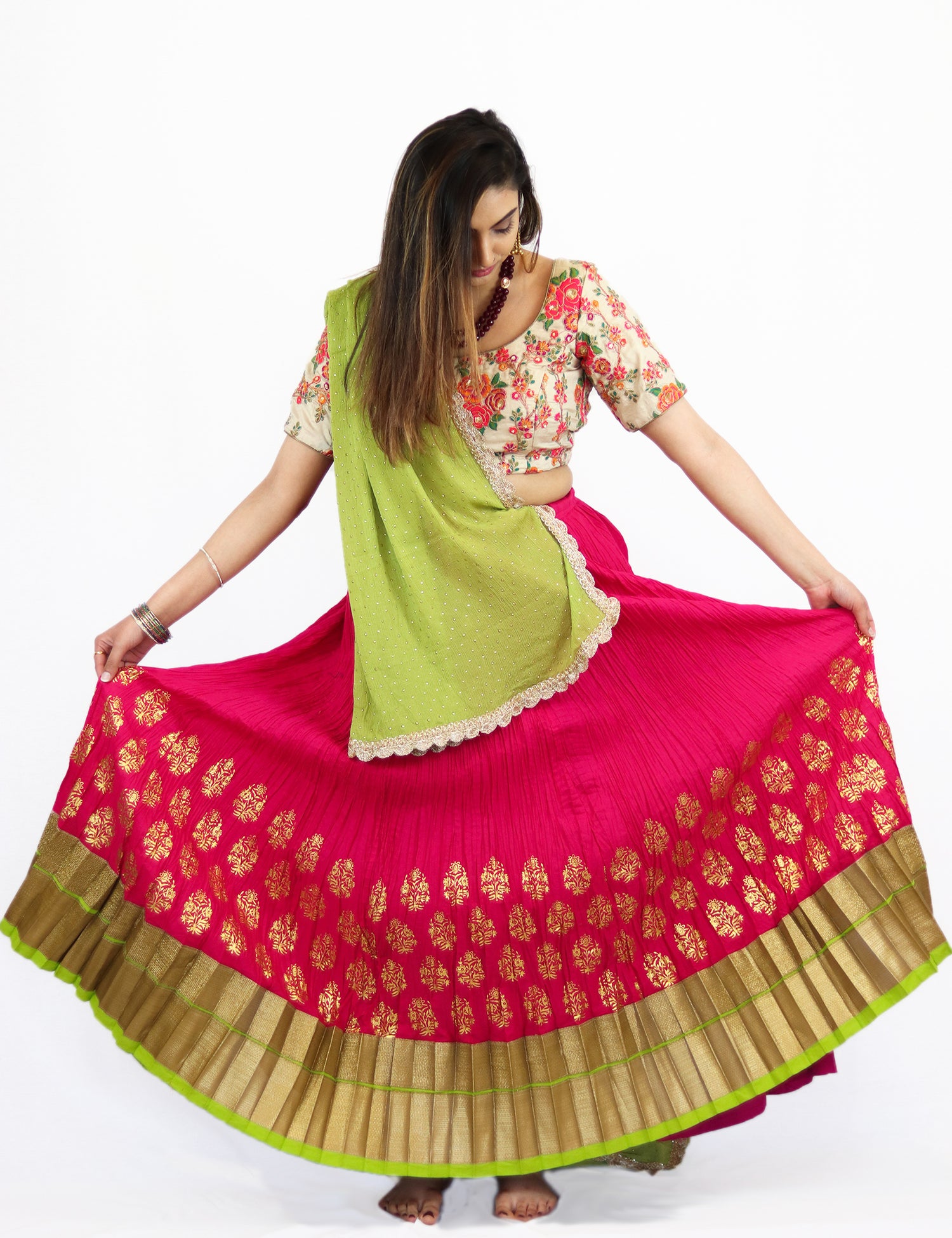 Rent Pink Pleated Lehenga with Embroidered blouse and Lime Green Dupatta