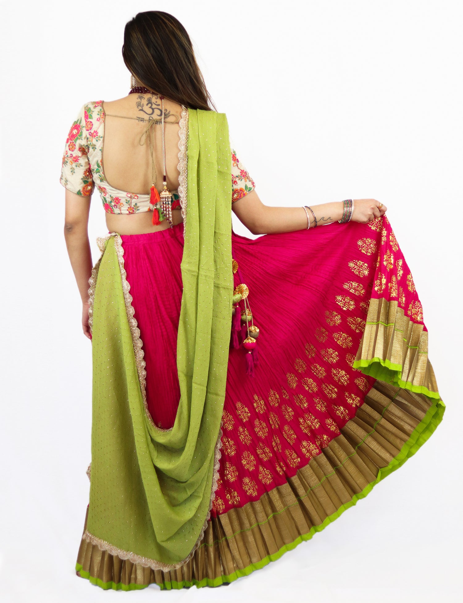 Rent Pink Pleated Lehenga with Embroidered blouse and Lime Green Dupatta