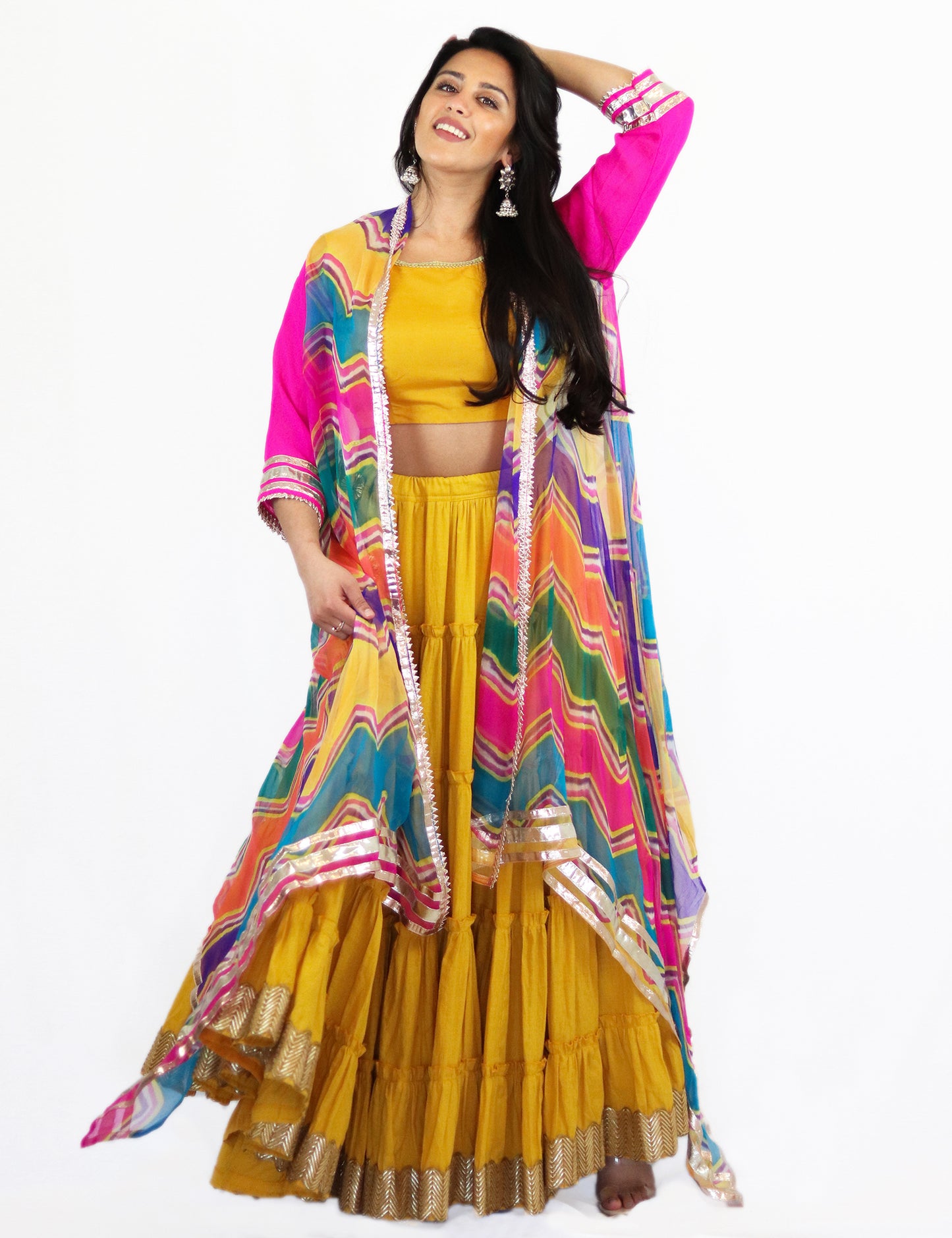 Rent Yellow Tiered Lehenga & Crop Top with Colorful Jacket