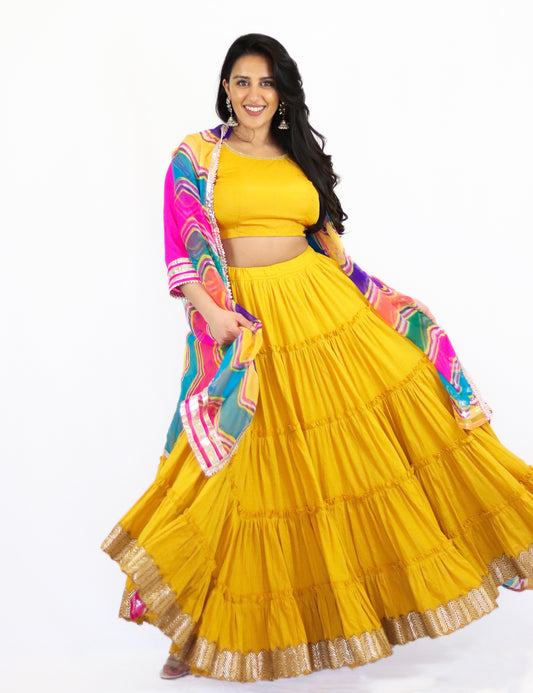 Rent Yellow Tiered Lehenga & Crop Top with Colorful Jacket