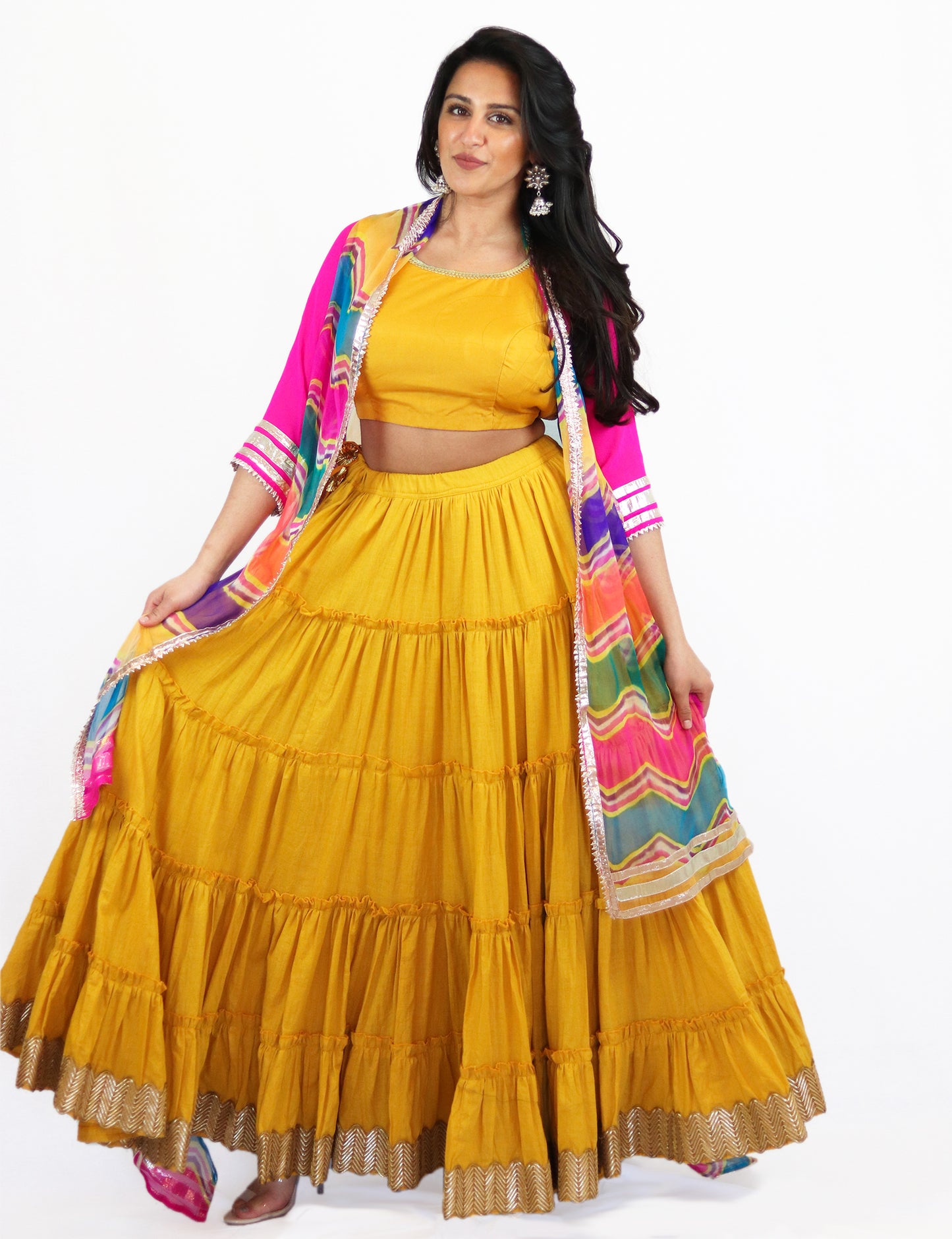 Rent Yellow Tiered Lehenga & Crop Top with Colorful Jacket