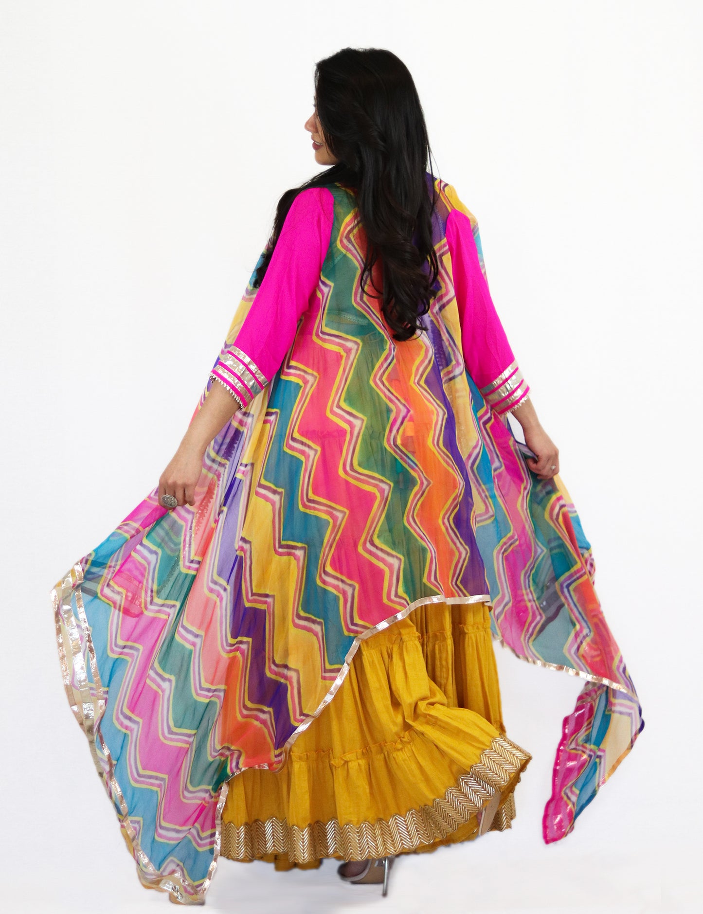 Rent Yellow Tiered Lehenga & Crop Top with Colorful Jacket