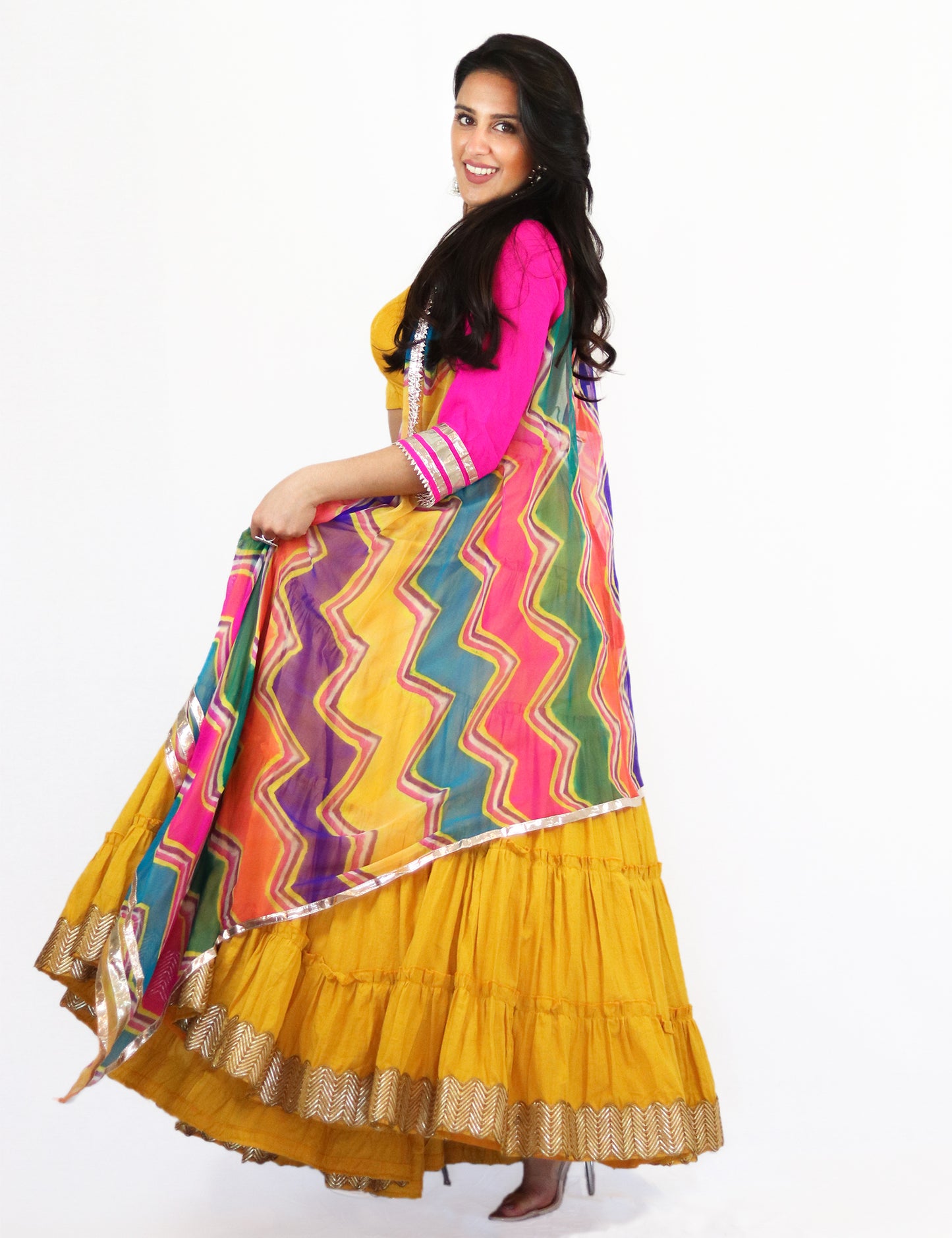 Rent Yellow Tiered Lehenga & Crop Top with Colorful Jacket